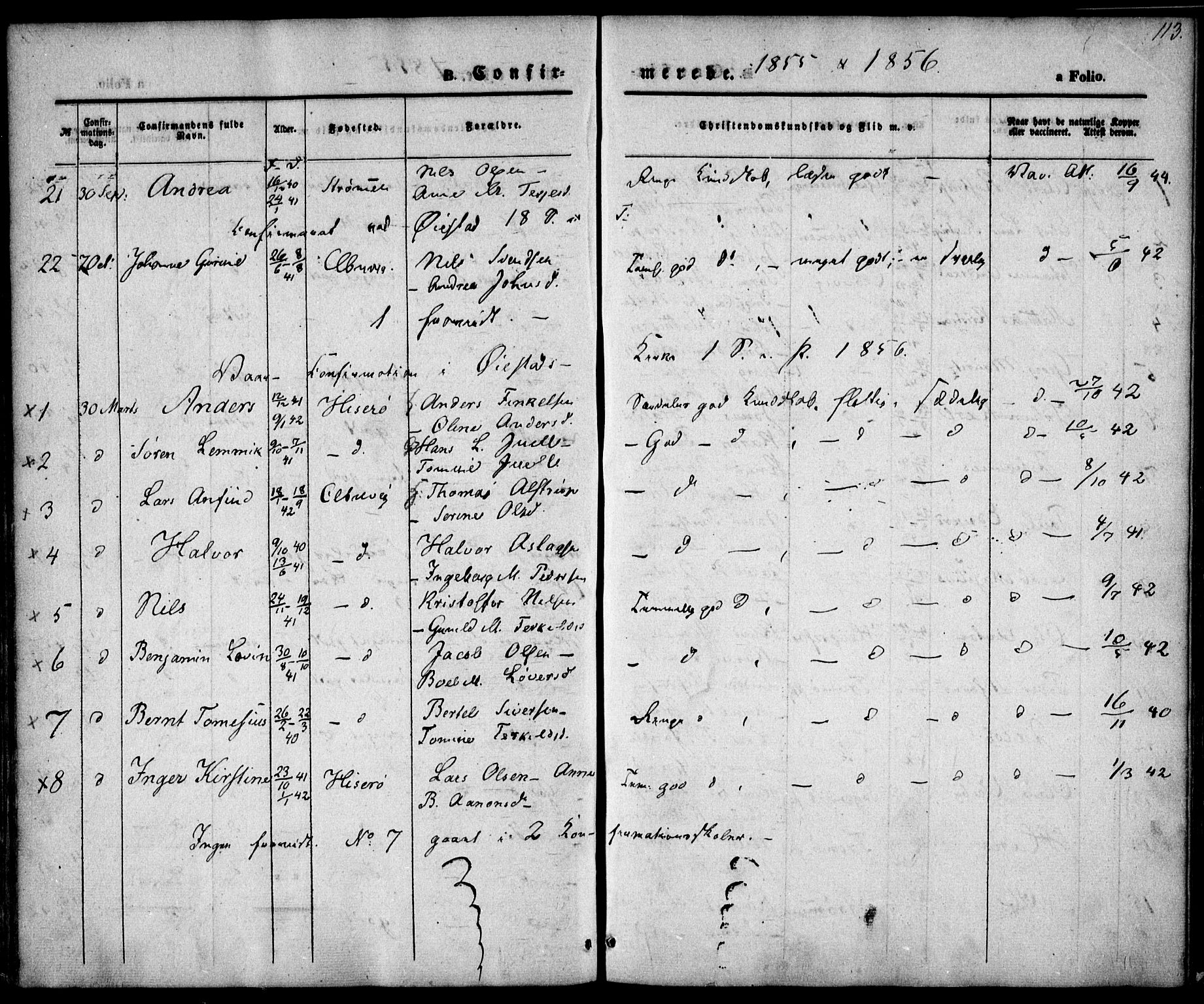Hisøy sokneprestkontor, AV/SAK-1111-0020/F/Fa/L0001: Parish register (official) no. A 1, 1849-1871, p. 113