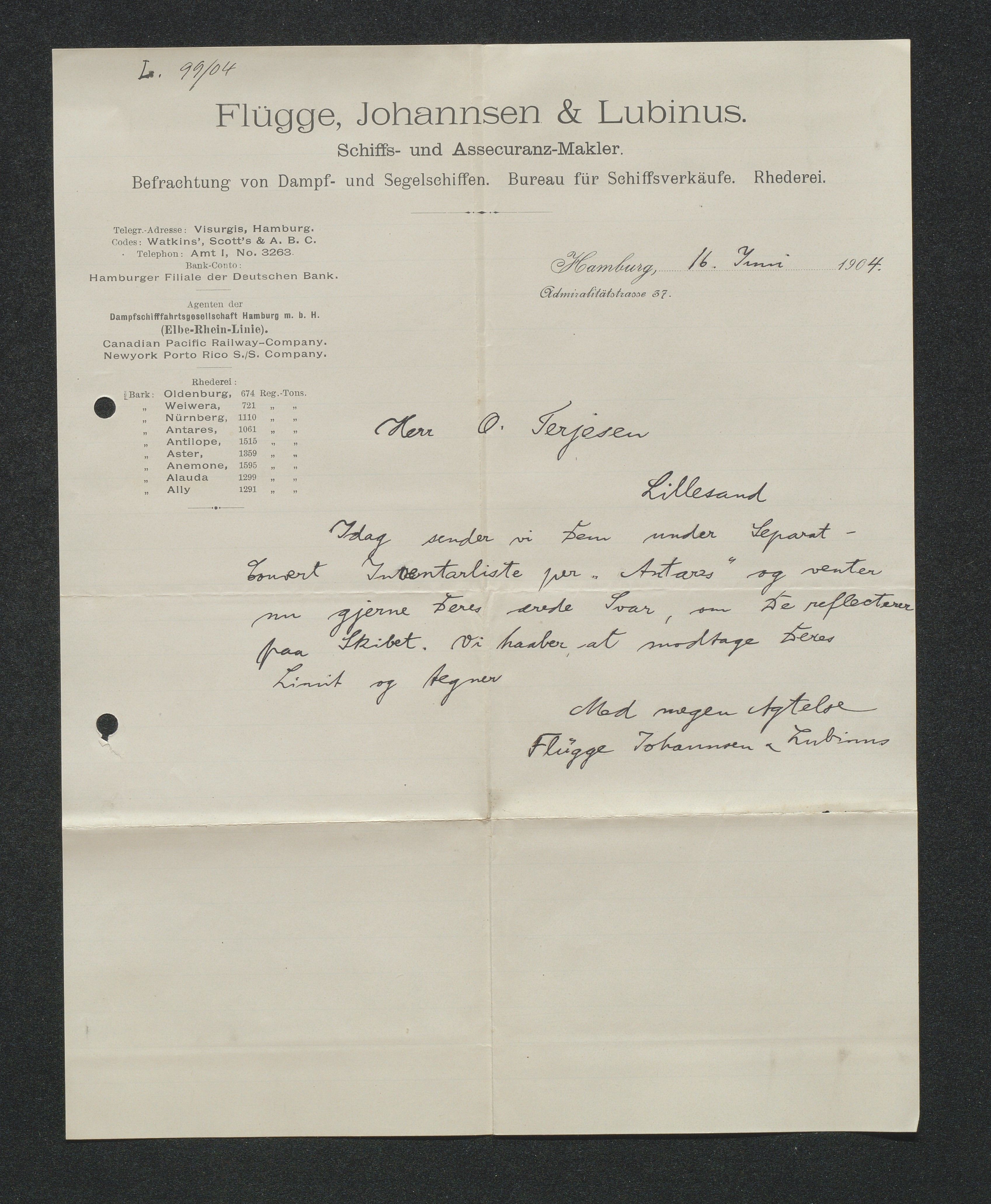 O. Terjesens rederi, AAKS/PA-2525/E/E01/L0013: Korrespondanse, 1904-1905