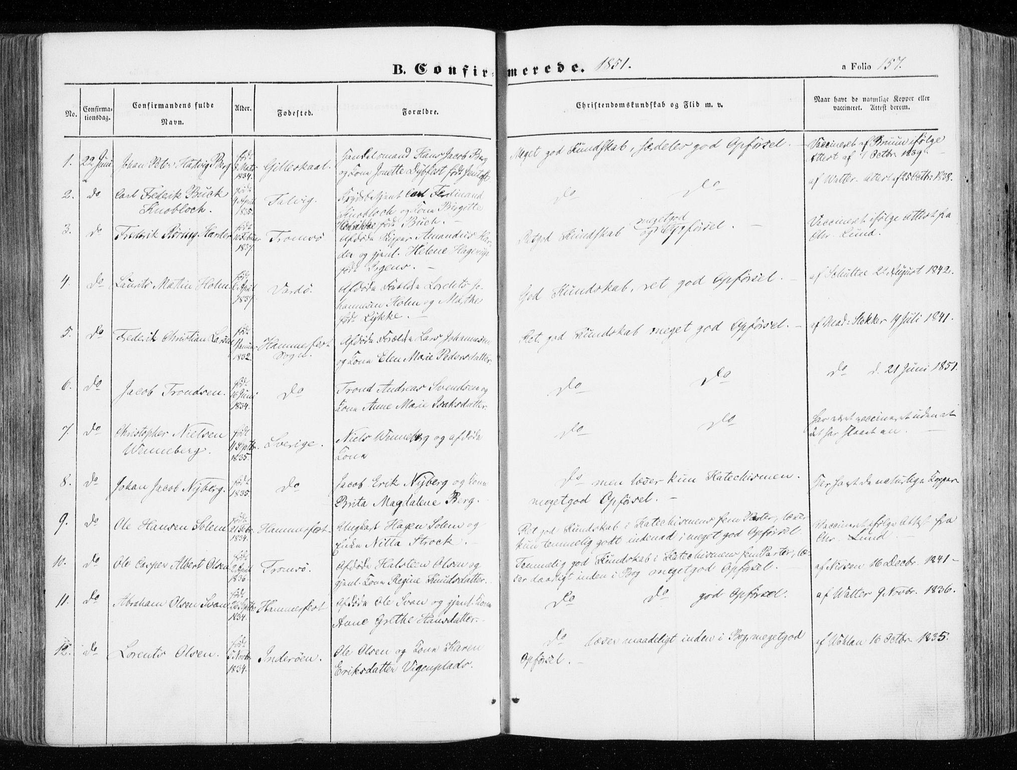 Hammerfest sokneprestkontor, SATØ/S-1347/H/Ha/L0004.kirke: Parish register (official) no. 4, 1843-1856, p. 157