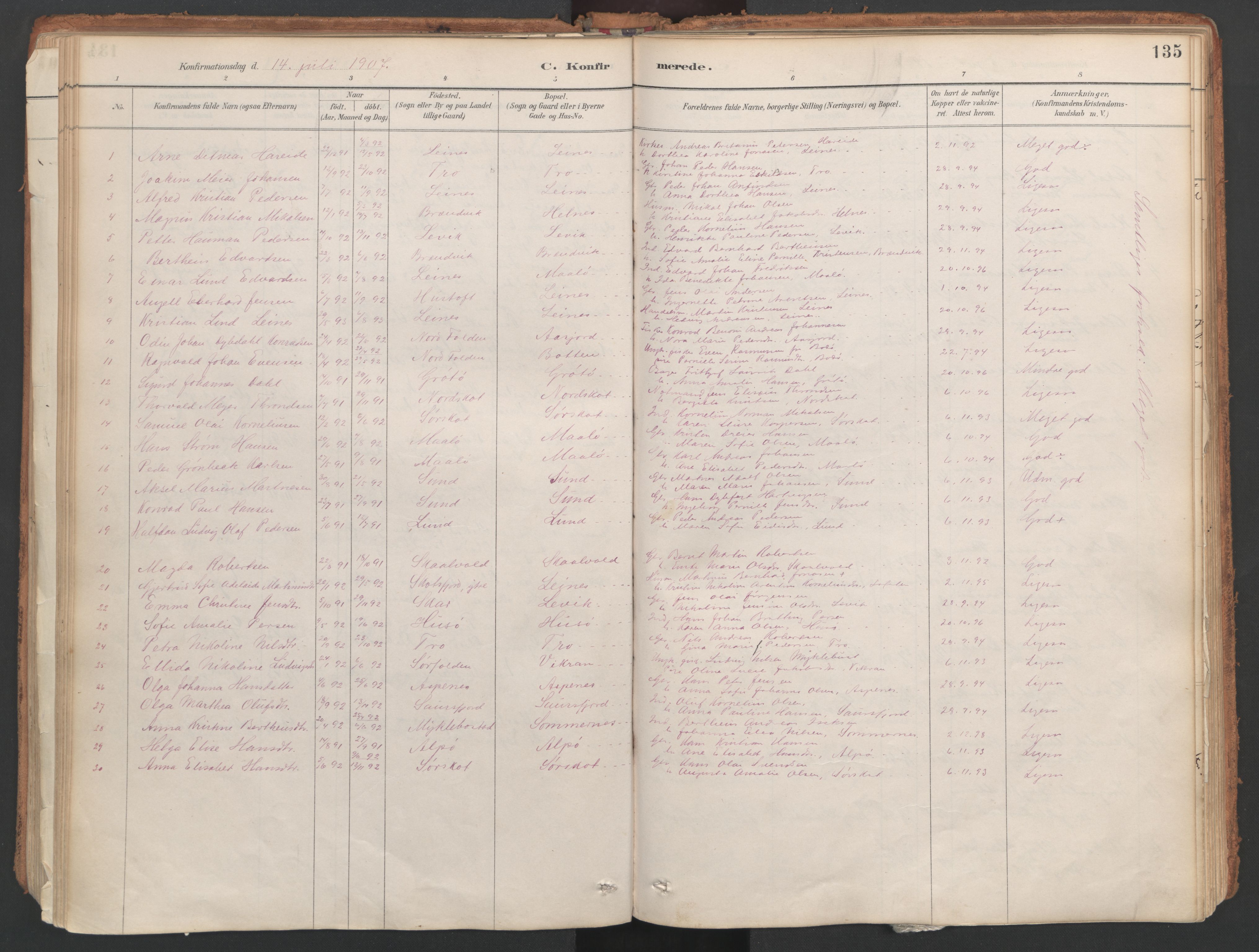 Ministerialprotokoller, klokkerbøker og fødselsregistre - Nordland, AV/SAT-A-1459/857/L0822: Parish register (official) no. 857A02, 1890-1917, p. 135