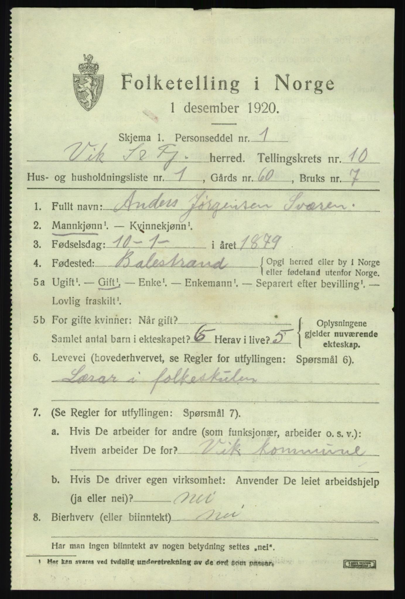 SAB, 1920 census for Vik, 1920, p. 6105