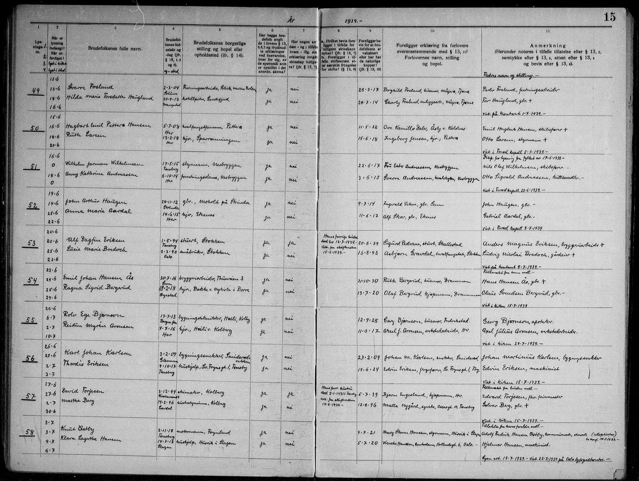 Nøtterøy kirkebøker, AV/SAKO-A-354/H/Ha/L0002: Banns register no. 2, 1937-1952, p. 15