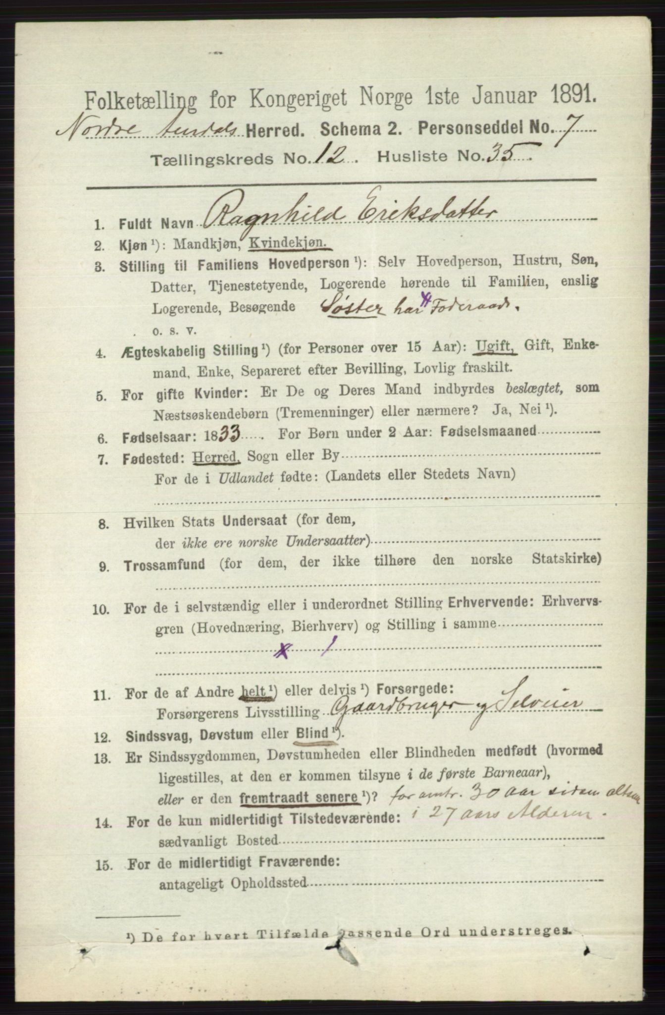 RA, 1891 census for 0542 Nord-Aurdal, 1891, p. 4693