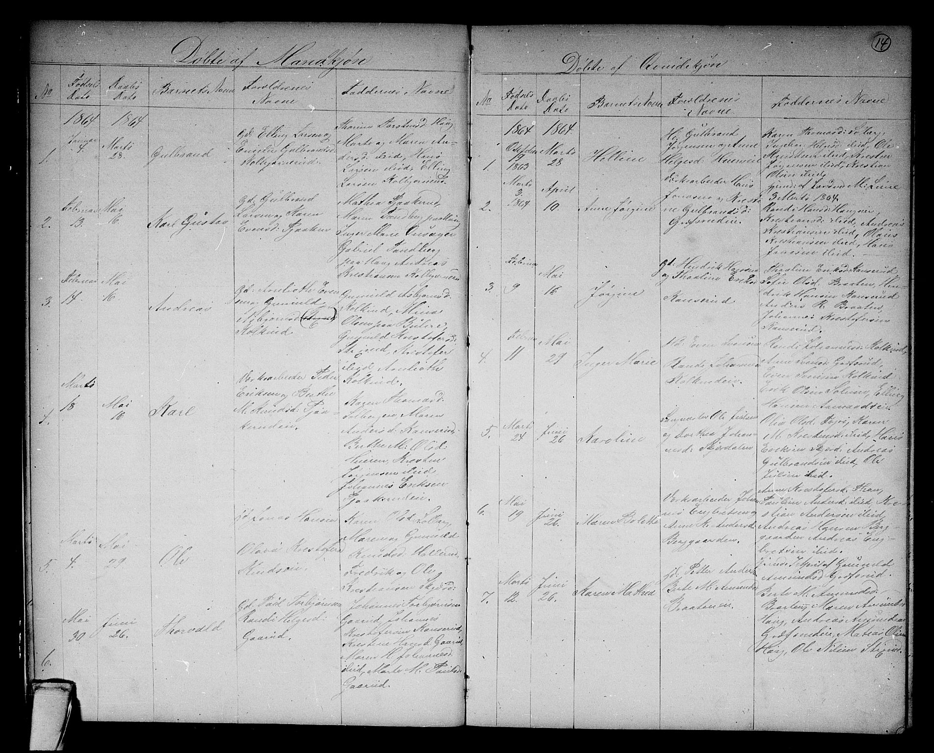 Hole kirkebøker, SAKO/A-228/G/Gb/L0001: Parish register (copy) no. II 1, 1859-1878, p. 14