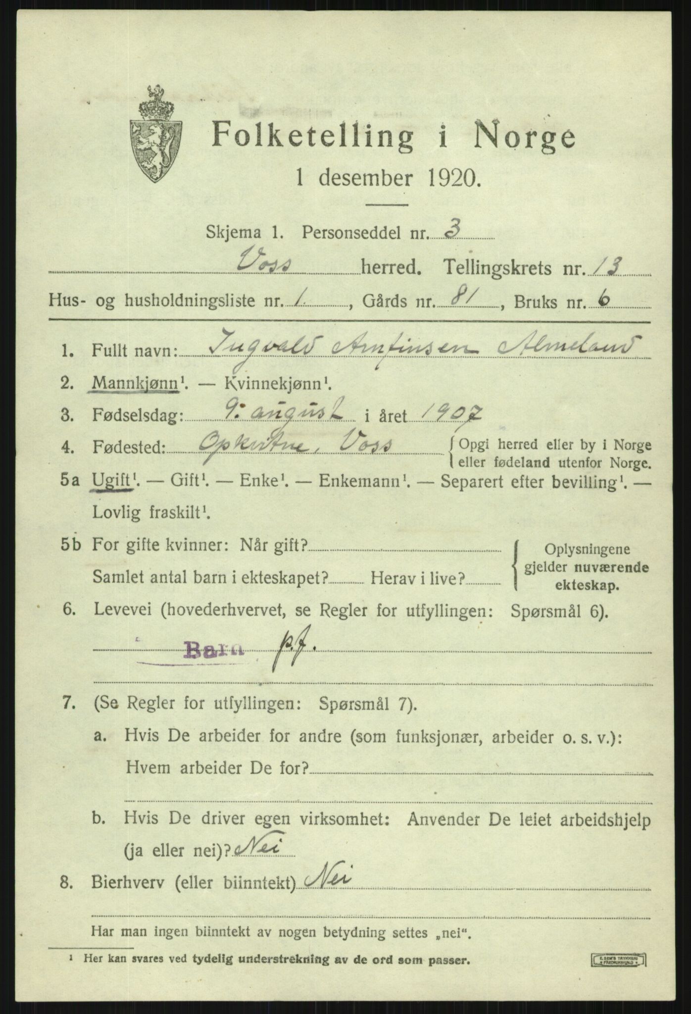 SAB, 1920 census for Voss, 1920, p. 11153