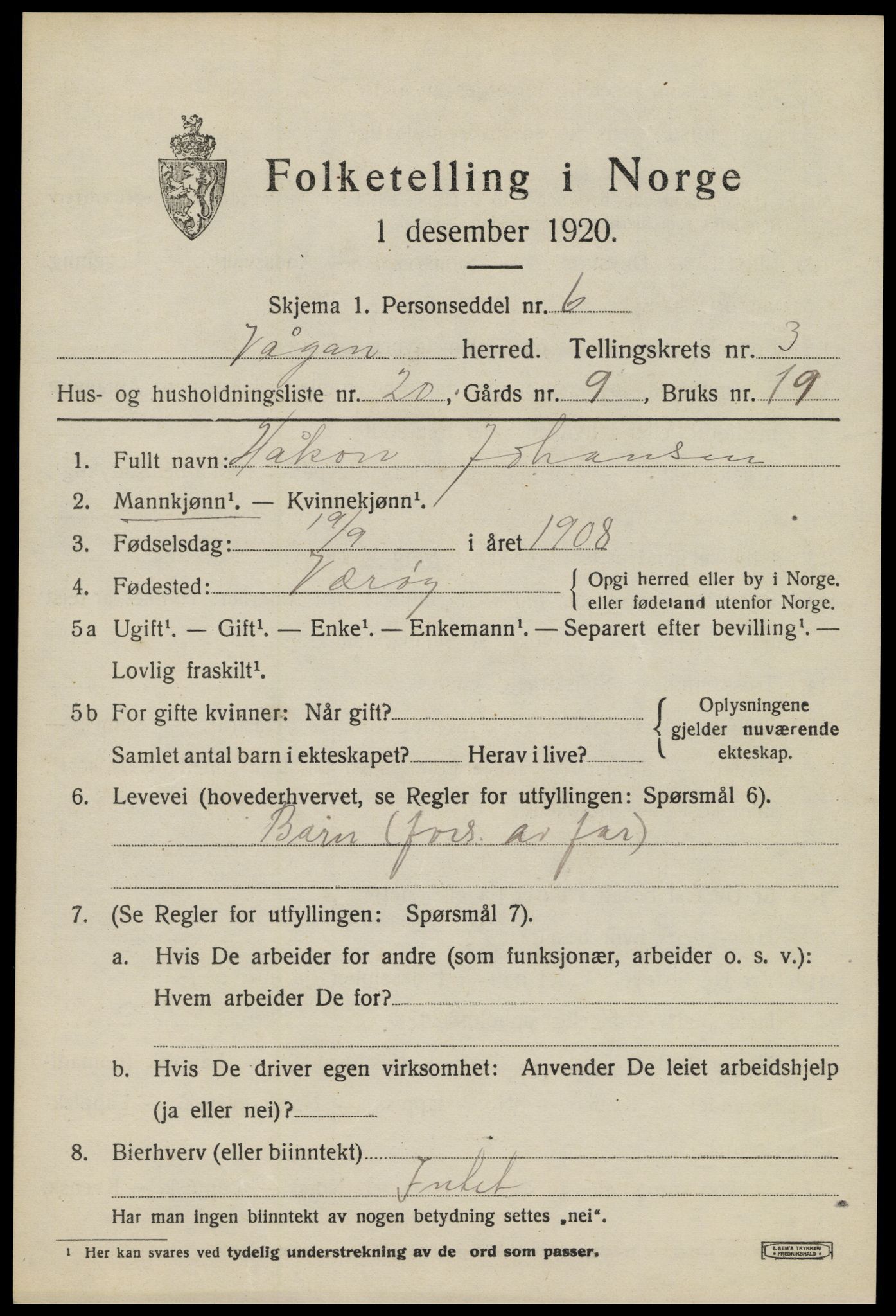 SAT, 1920 census for Vågan, 1920, p. 2829