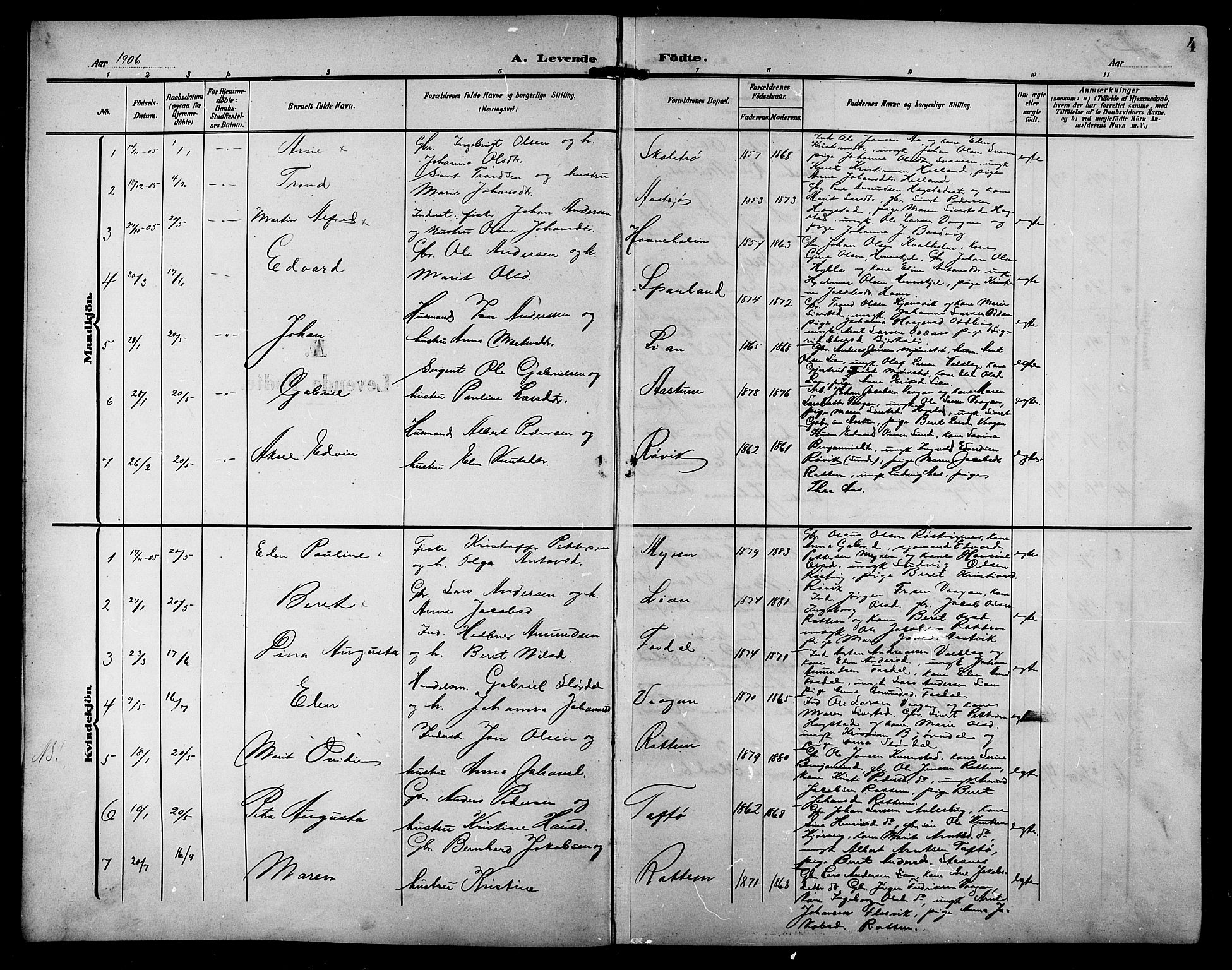 Ministerialprotokoller, klokkerbøker og fødselsregistre - Sør-Trøndelag, SAT/A-1456/633/L0520: Parish register (copy) no. 633C02, 1906-1921, p. 4