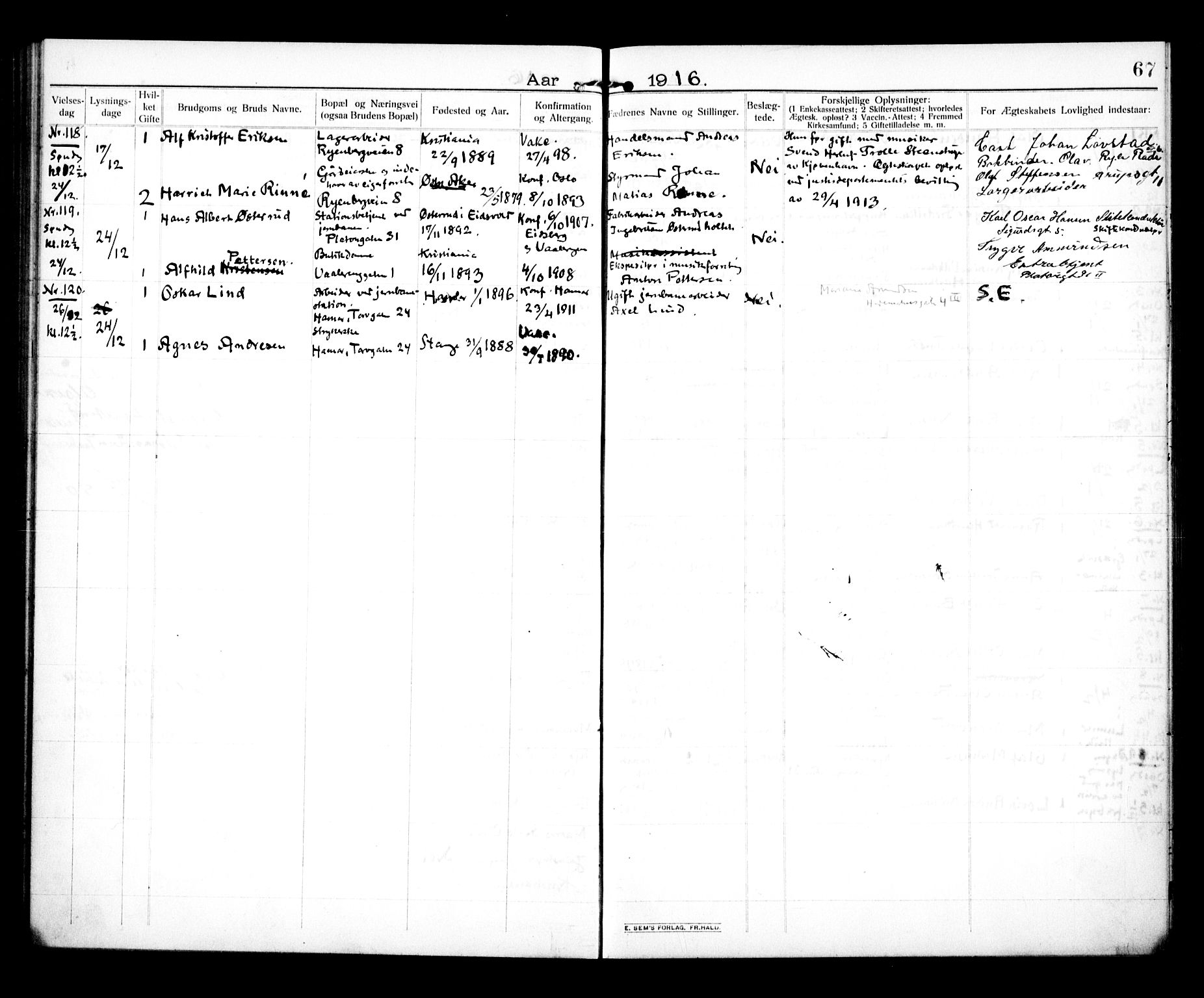 Vålerengen prestekontor Kirkebøker, SAO/A-10878/H/Ha/L0002: Banns register no. 2, 1910-1918, p. 67
