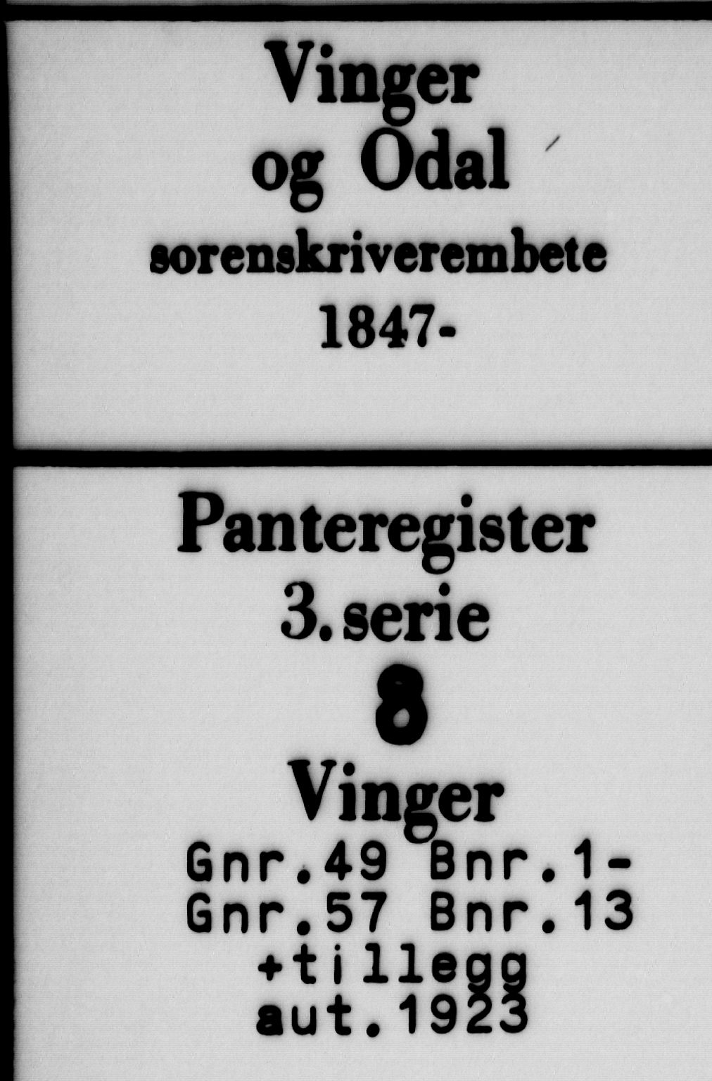 Vinger og Odal sorenskriveri, SAH/TING-022/H/Ha/Hac/Hacc/L0008: Mortgage register no. 3.8, 1923
