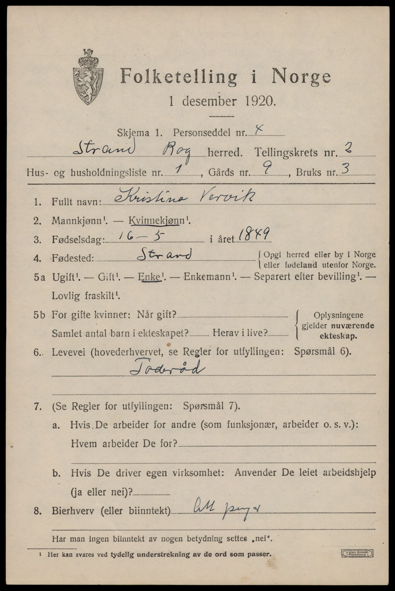 SAST, 1920 census for Strand, 1920, p. 1760
