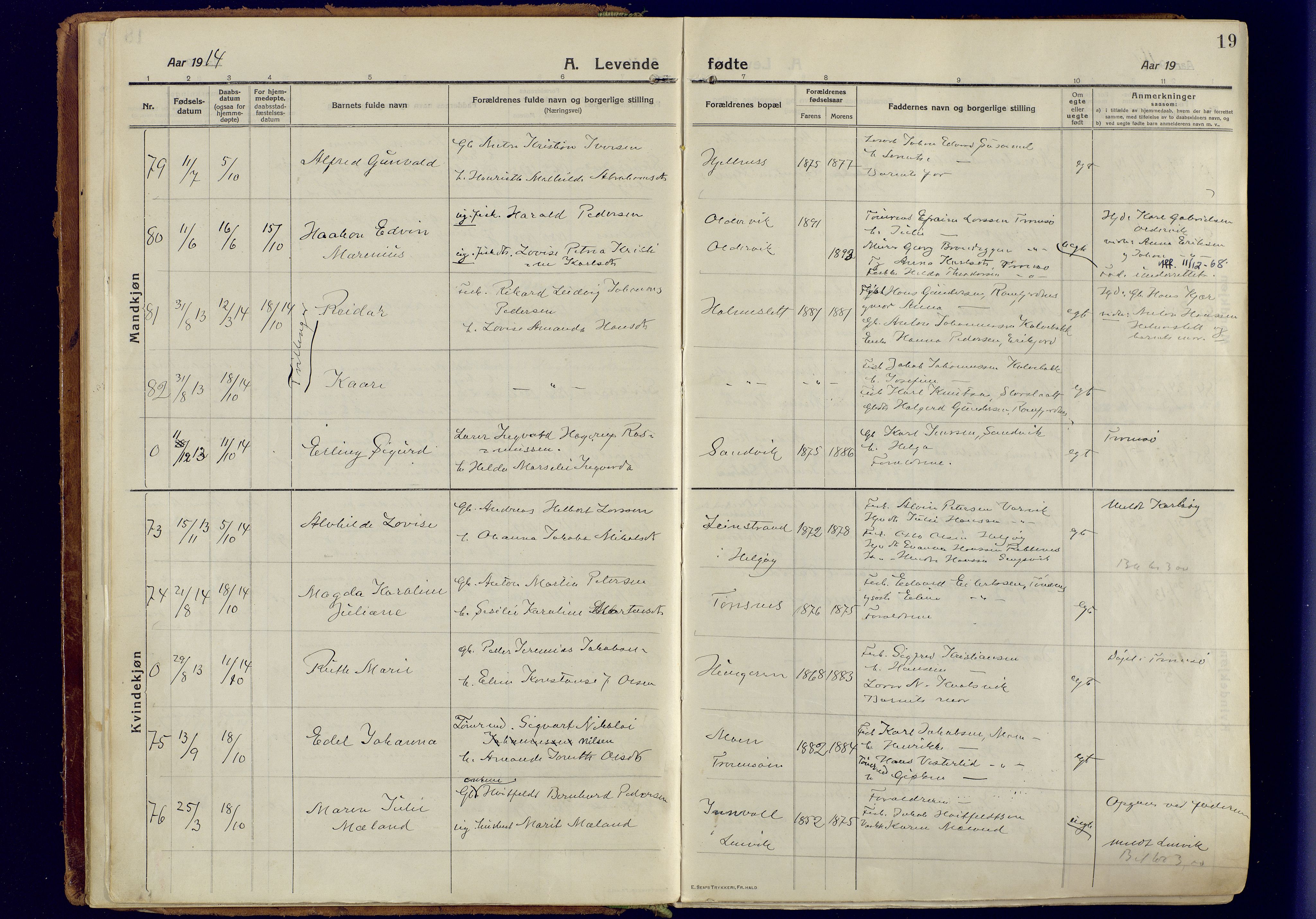 Tromsøysund sokneprestkontor, AV/SATØ-S-1304/G/Ga/L0008kirke: Parish register (official) no. 8, 1914-1922, p. 19