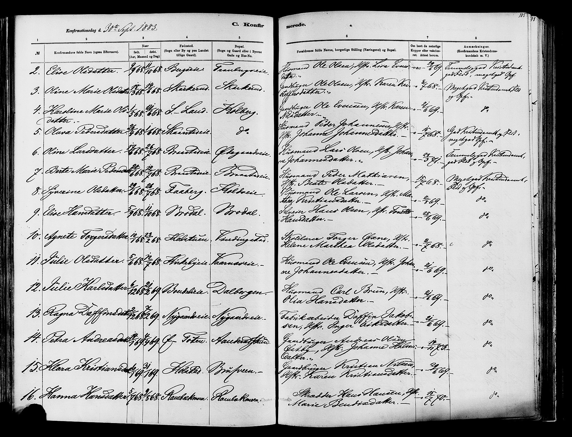 Vardal prestekontor, AV/SAH-PREST-100/H/Ha/Haa/L0009: Parish register (official) no. 9, 1878-1892, p. 105