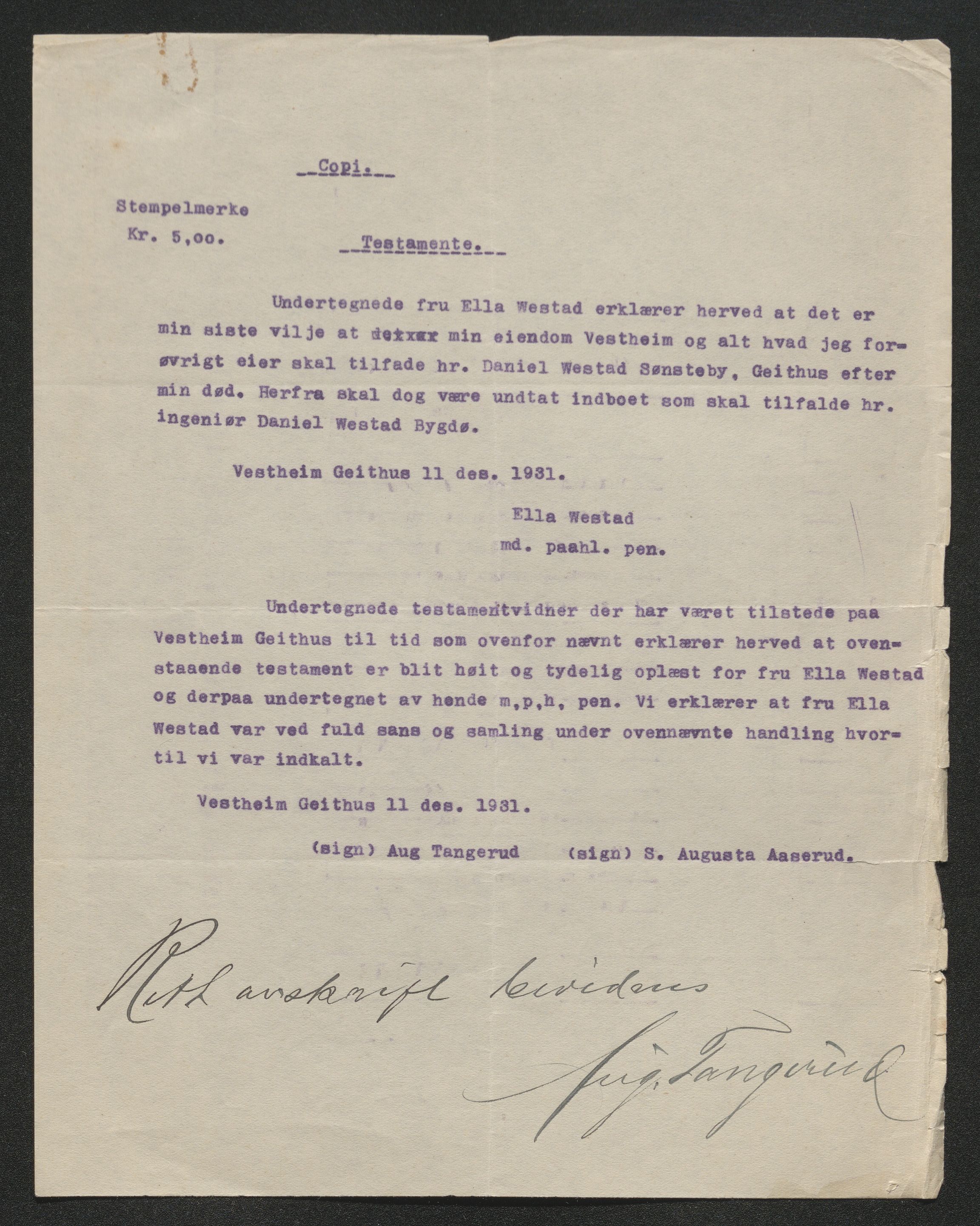 Eiker, Modum og Sigdal sorenskriveri, AV/SAKO-A-123/H/Ha/Hab/L0046: Dødsfallsmeldinger, 1930-1931, p. 1246
