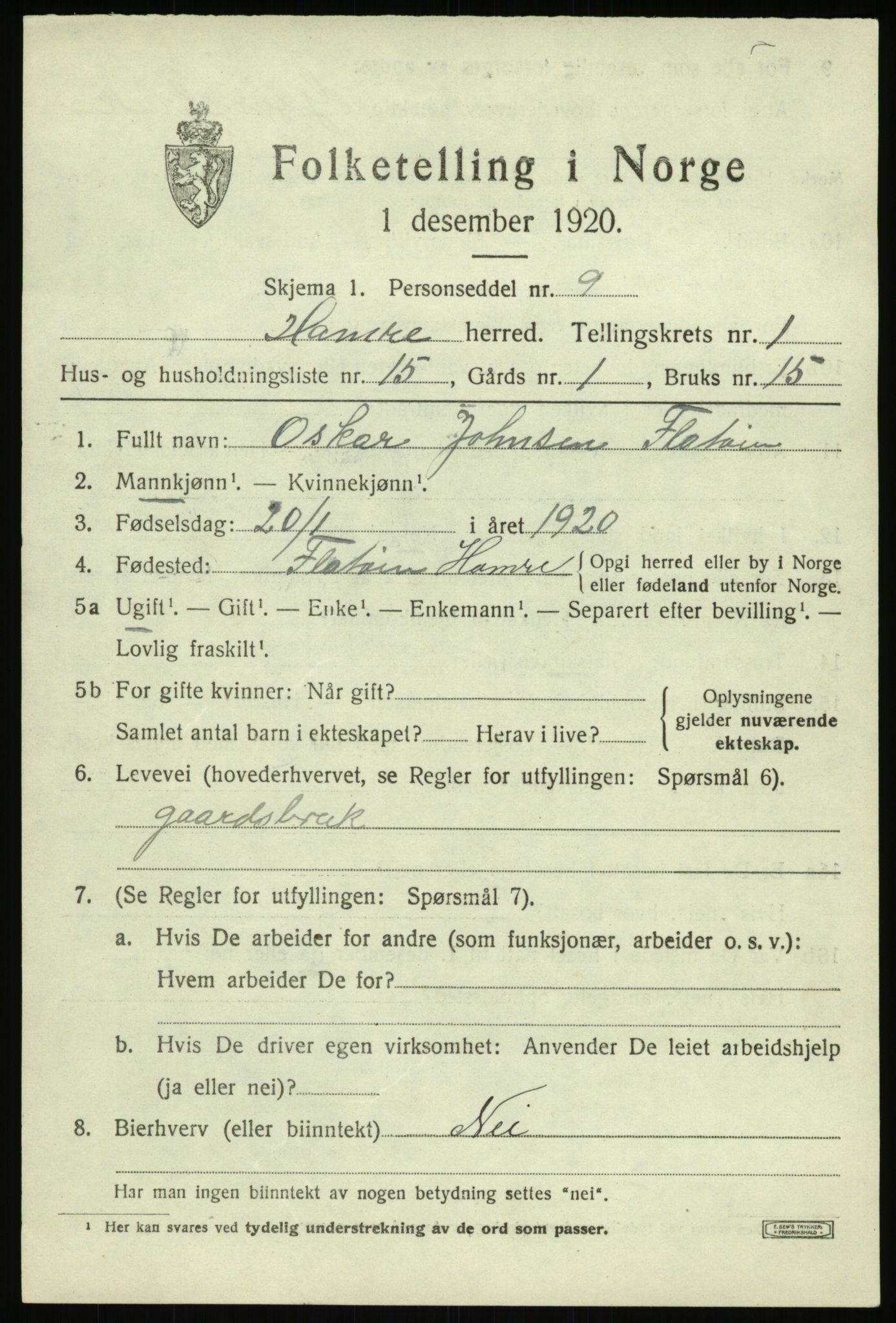 SAB, 1920 census for Hamre, 1920, p. 1175