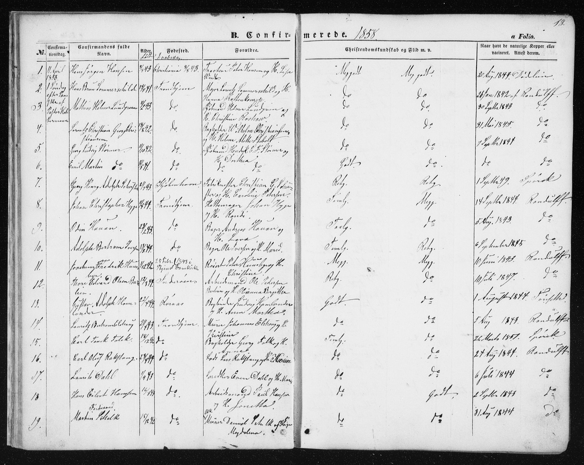 Ministerialprotokoller, klokkerbøker og fødselsregistre - Sør-Trøndelag, SAT/A-1456/602/L0114: Parish register (official) no. 602A12, 1856-1872, p. 13