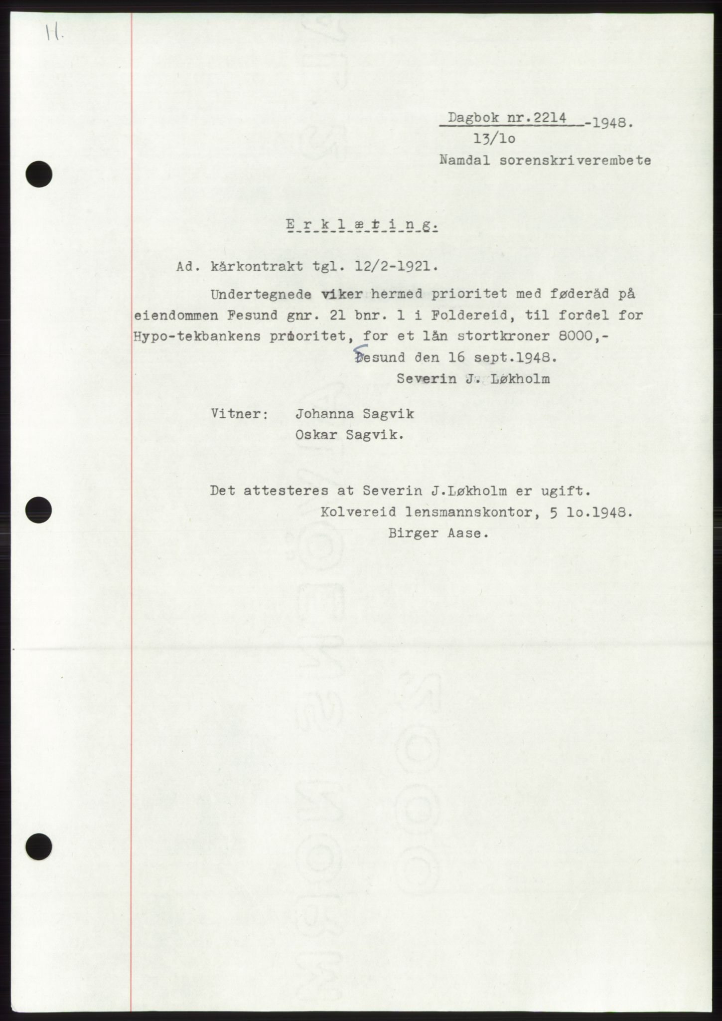 Namdal sorenskriveri, AV/SAT-A-4133/1/2/2C: Mortgage book no. -, 1948-1948, Diary no: : 2214/1948