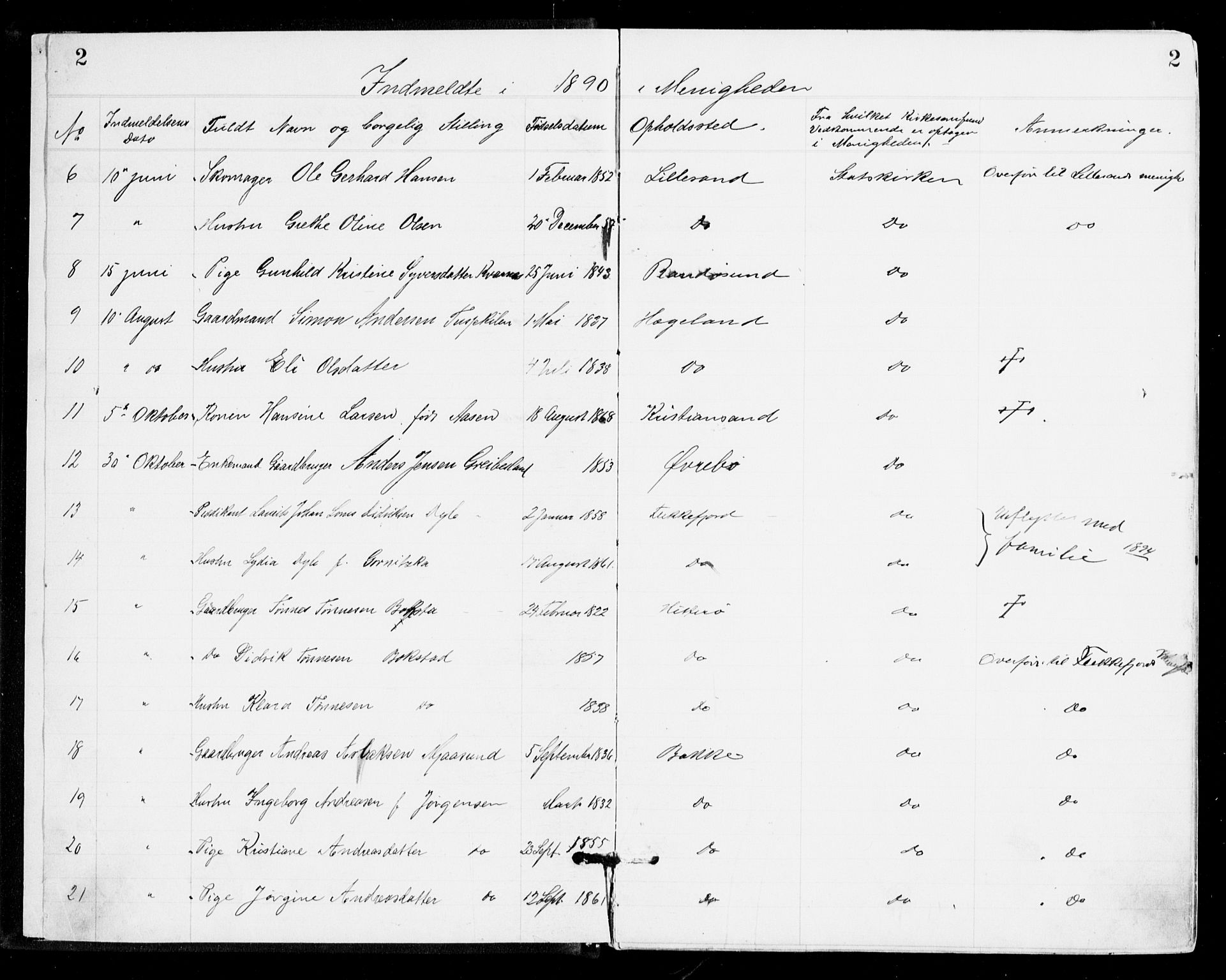 Den evangelisk-lutherske frikirke, Kristiansand, SAK/1292-0017/F/Fa/L0002: Dissenter register no. F 10, 1889-1892, p. 2