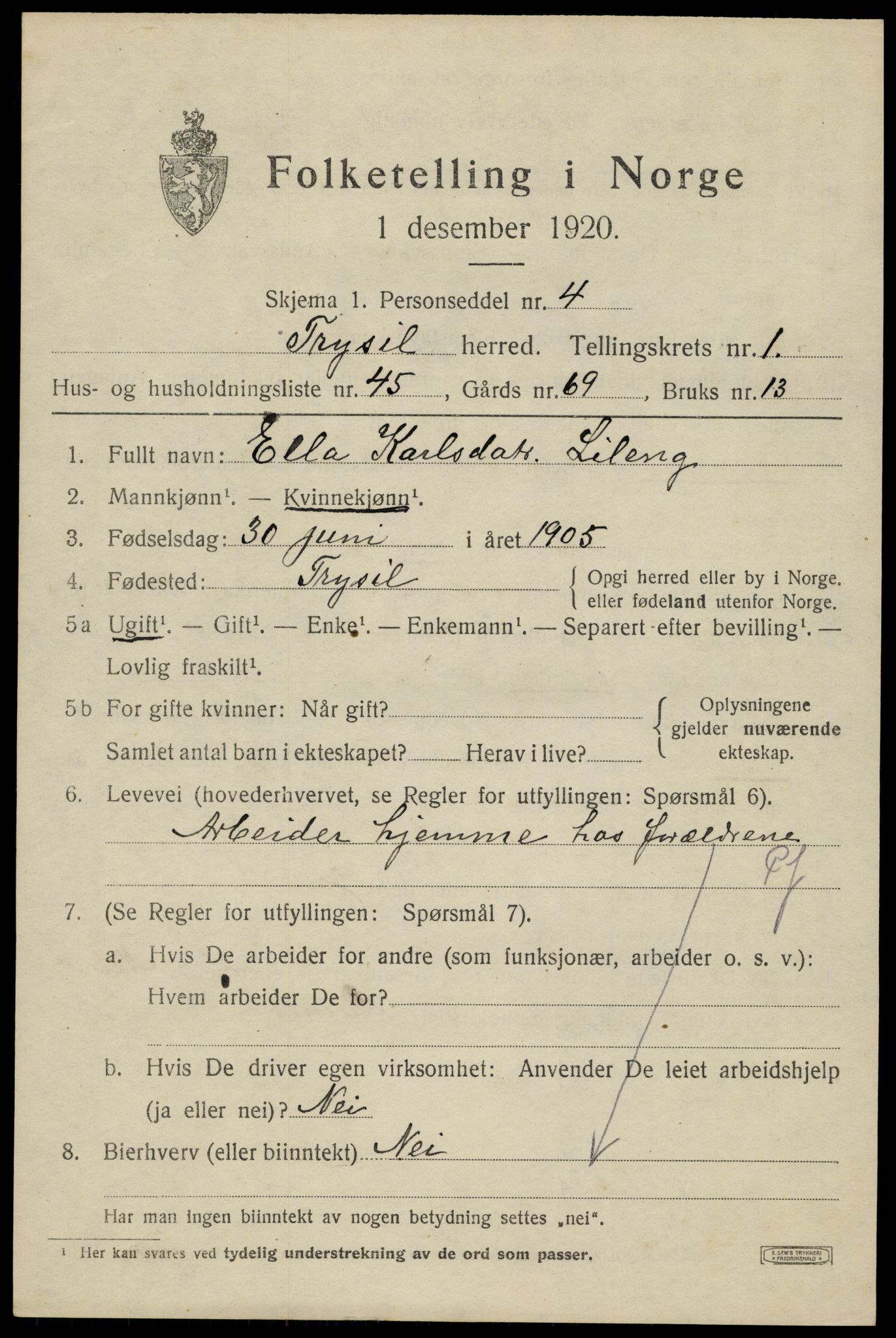 SAH, 1920 census for Trysil, 1920, p. 3063