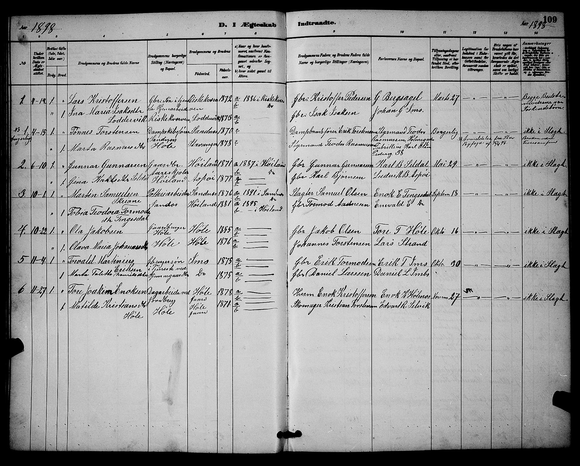 Høgsfjord sokneprestkontor, SAST/A-101624/H/Ha/Hab/L0003: Parish register (copy) no. B 3, 1886-1905, p. 109