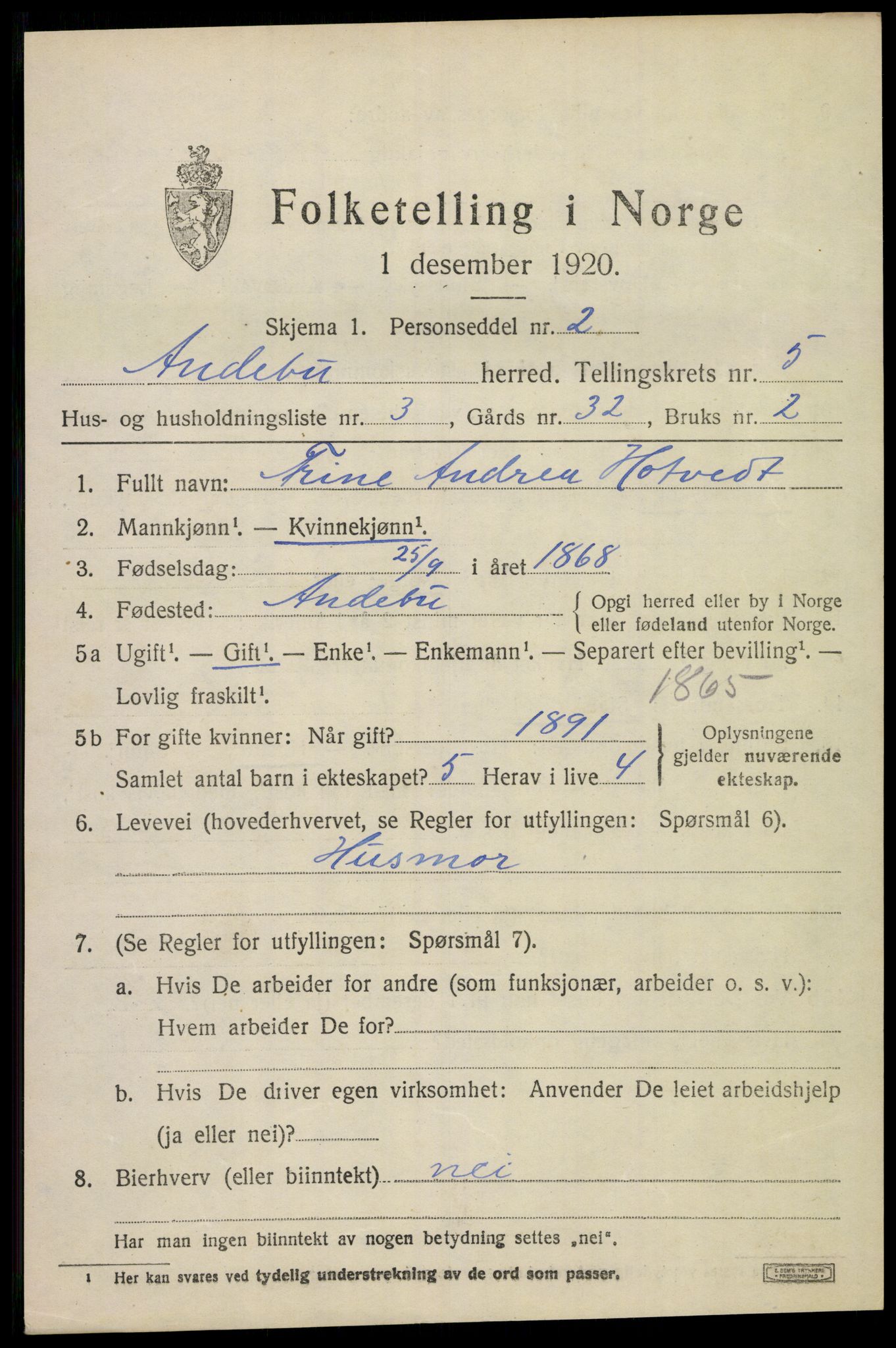 SAKO, 1920 census for Andebu, 1920, p. 2666