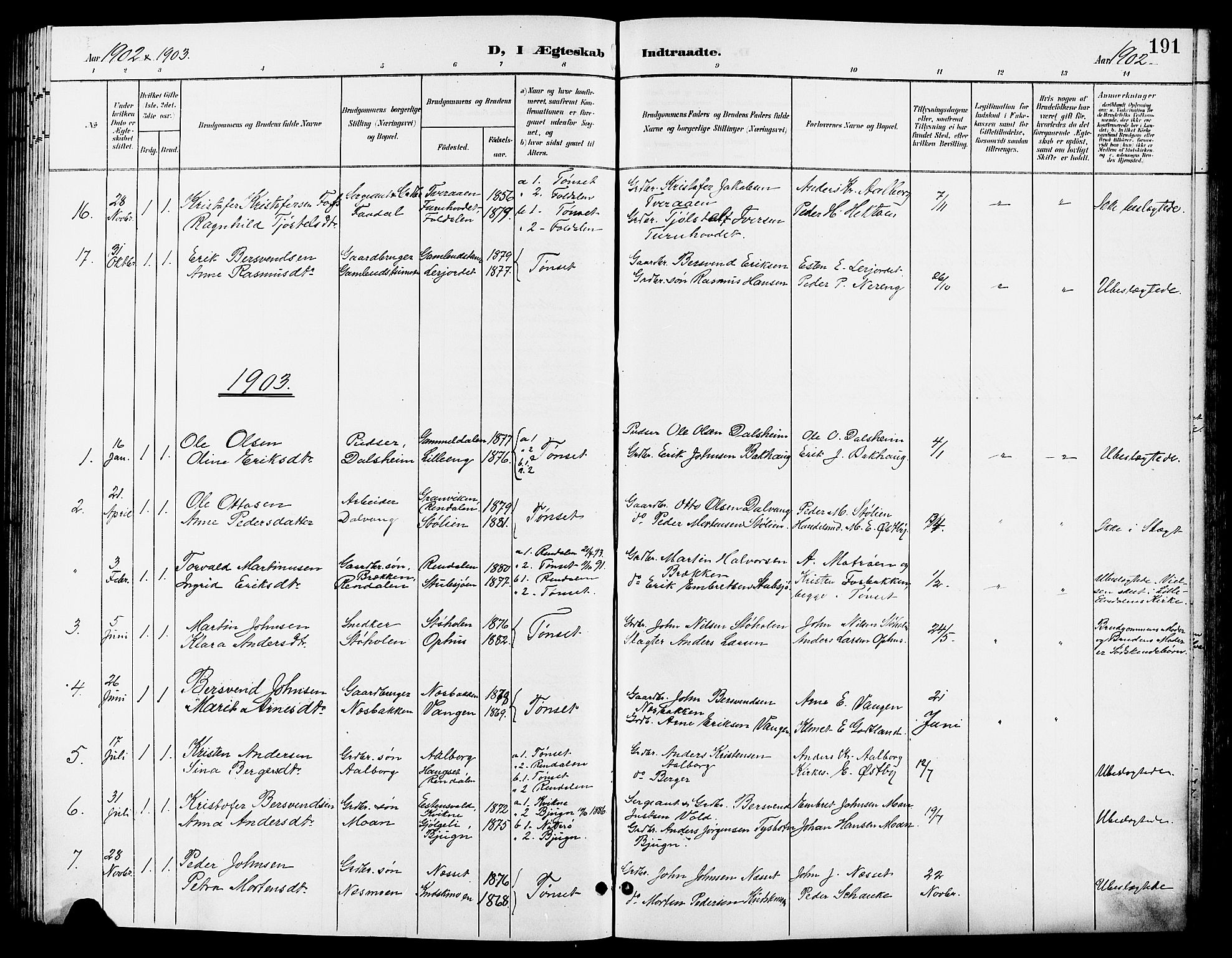 Tynset prestekontor, SAH/PREST-058/H/Ha/Hab/L0009: Parish register (copy) no. 9, 1900-1914, p. 191