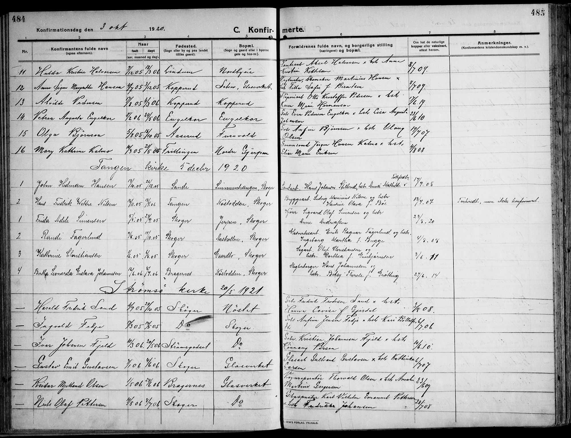 Skoger kirkebøker, AV/SAKO-A-59/F/Fa/L0007: Parish register (official) no. I 7, 1911-1936, p. 484-485