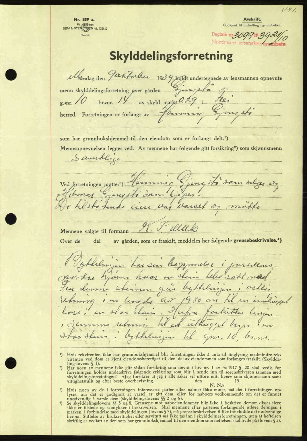 Nordmøre sorenskriveri, AV/SAT-A-4132/1/2/2Ca: Mortgage book no. A87, 1939-1940, Diary no: : 3099/1939