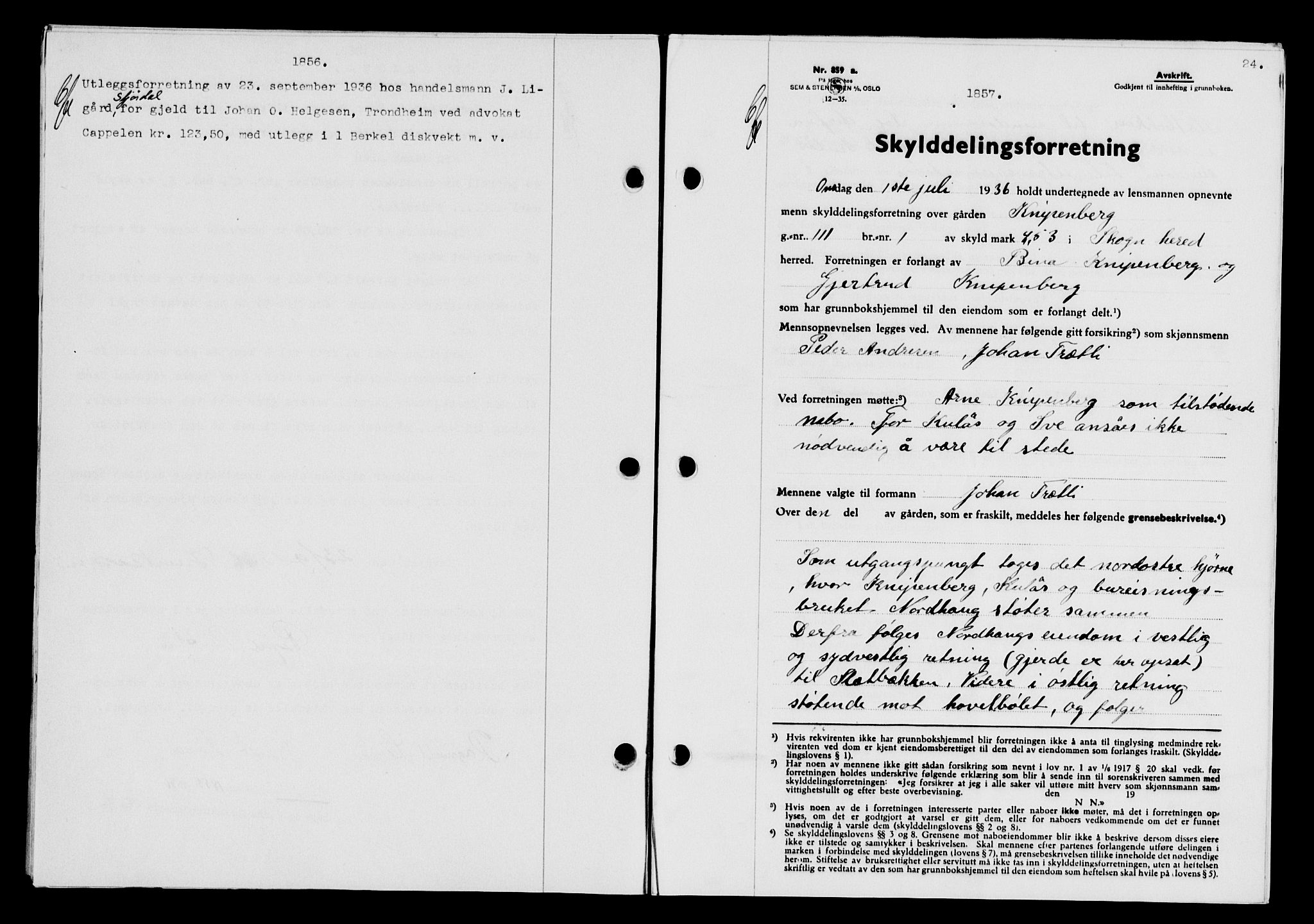 Stjør- og Verdal sorenskriveri, SAT/A-4167/1/2/2C/L0078: Mortgage book no. 46, 1936-1937, Diary no: : 1857/1936