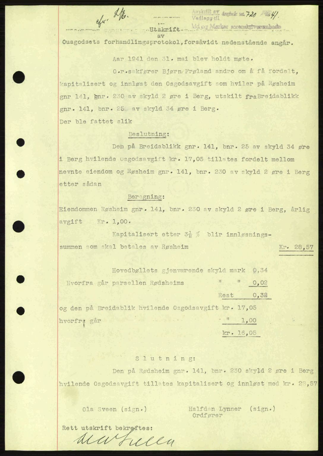 Idd og Marker sorenskriveri, AV/SAO-A-10283/G/Gb/Gbc/L0002: Mortgage book no. B4-9a, 1939-1945, Diary no: : 720/1941