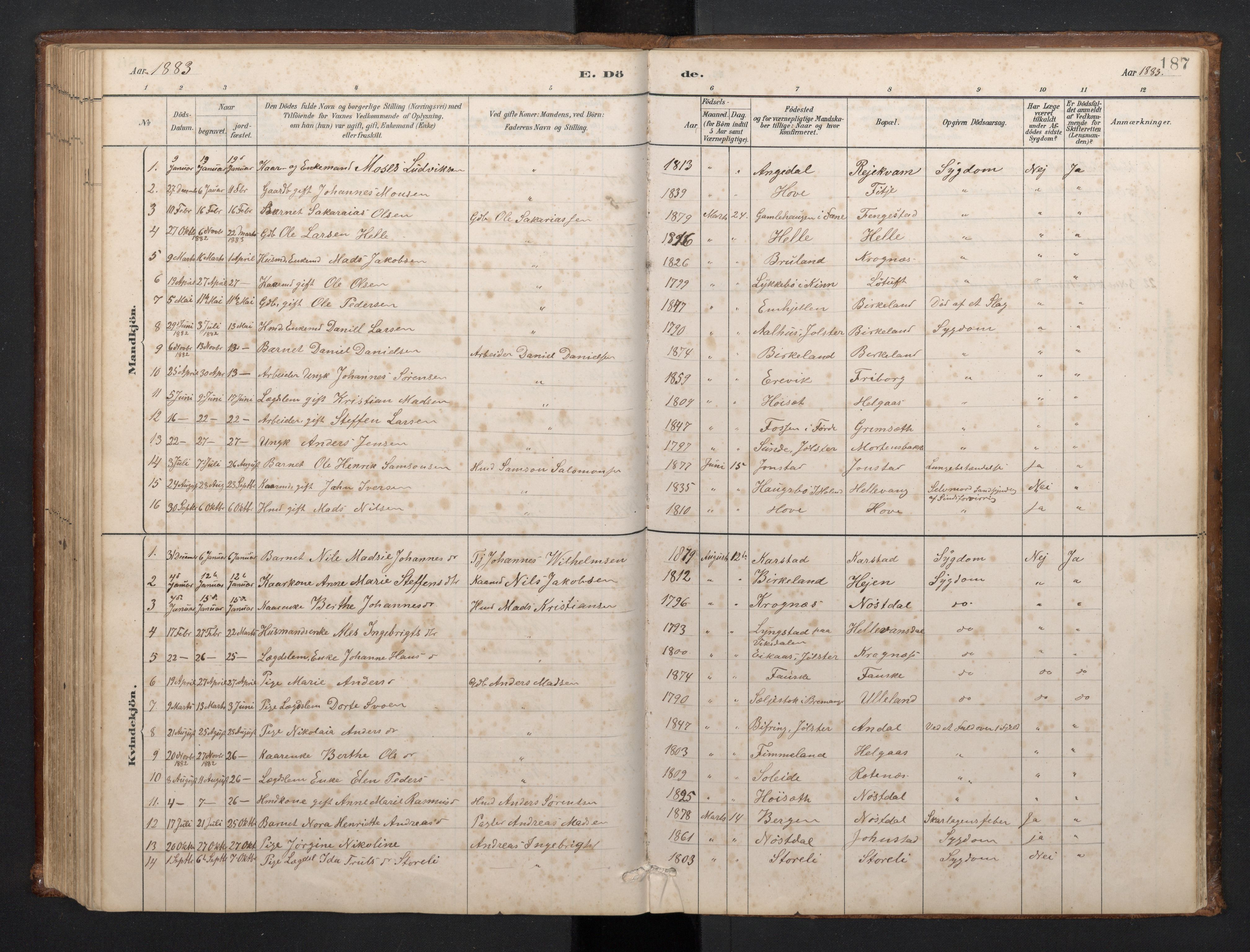 Førde sokneprestembete, SAB/A-79901/H/Hab/Habd/L0003: Parish register (copy) no. D 3, 1881-1897, p. 186b-187a