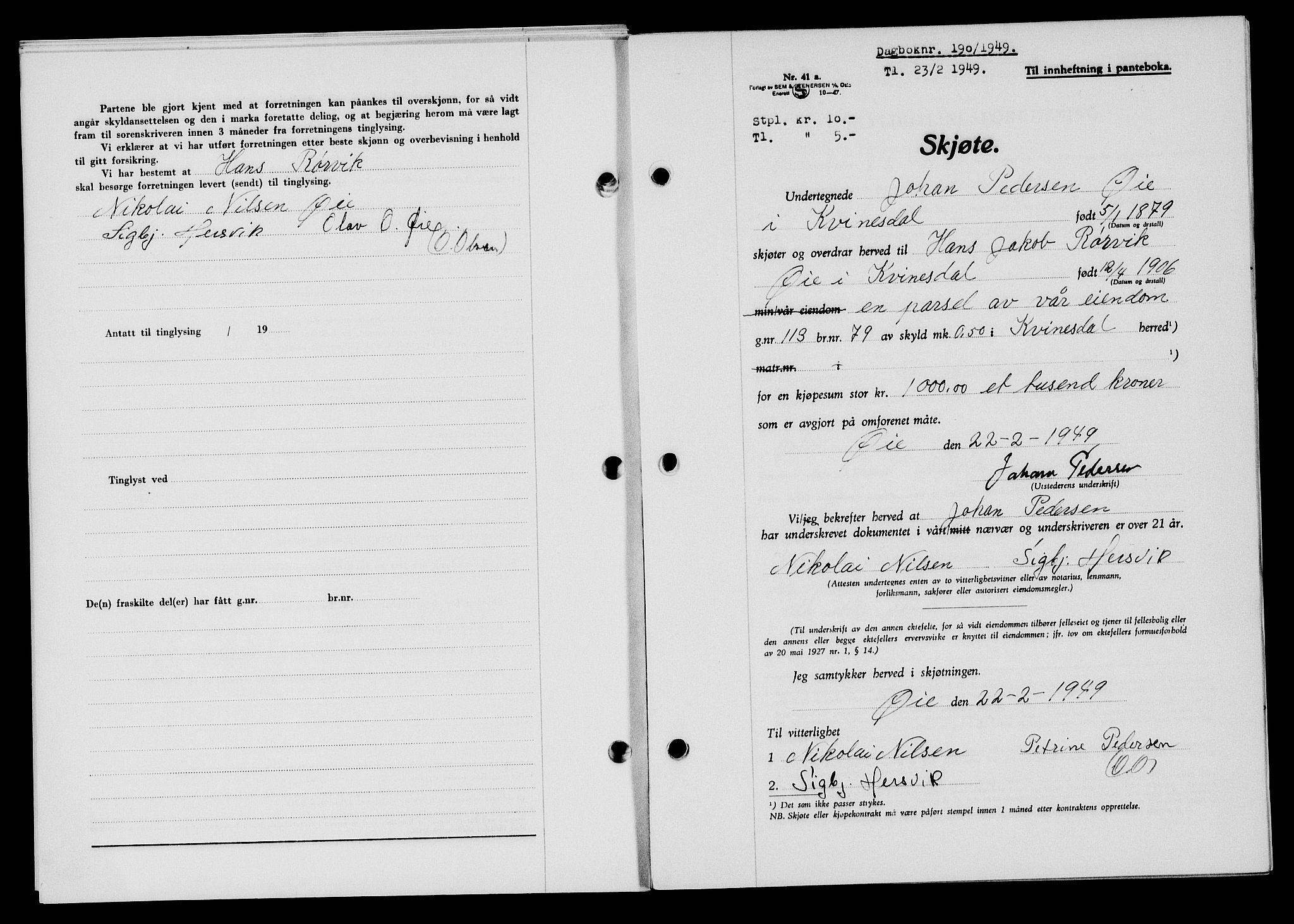 Flekkefjord sorenskriveri, SAK/1221-0001/G/Gb/Gba/L0064: Mortgage book no. A-12, 1948-1949, Diary no: : 190/1949