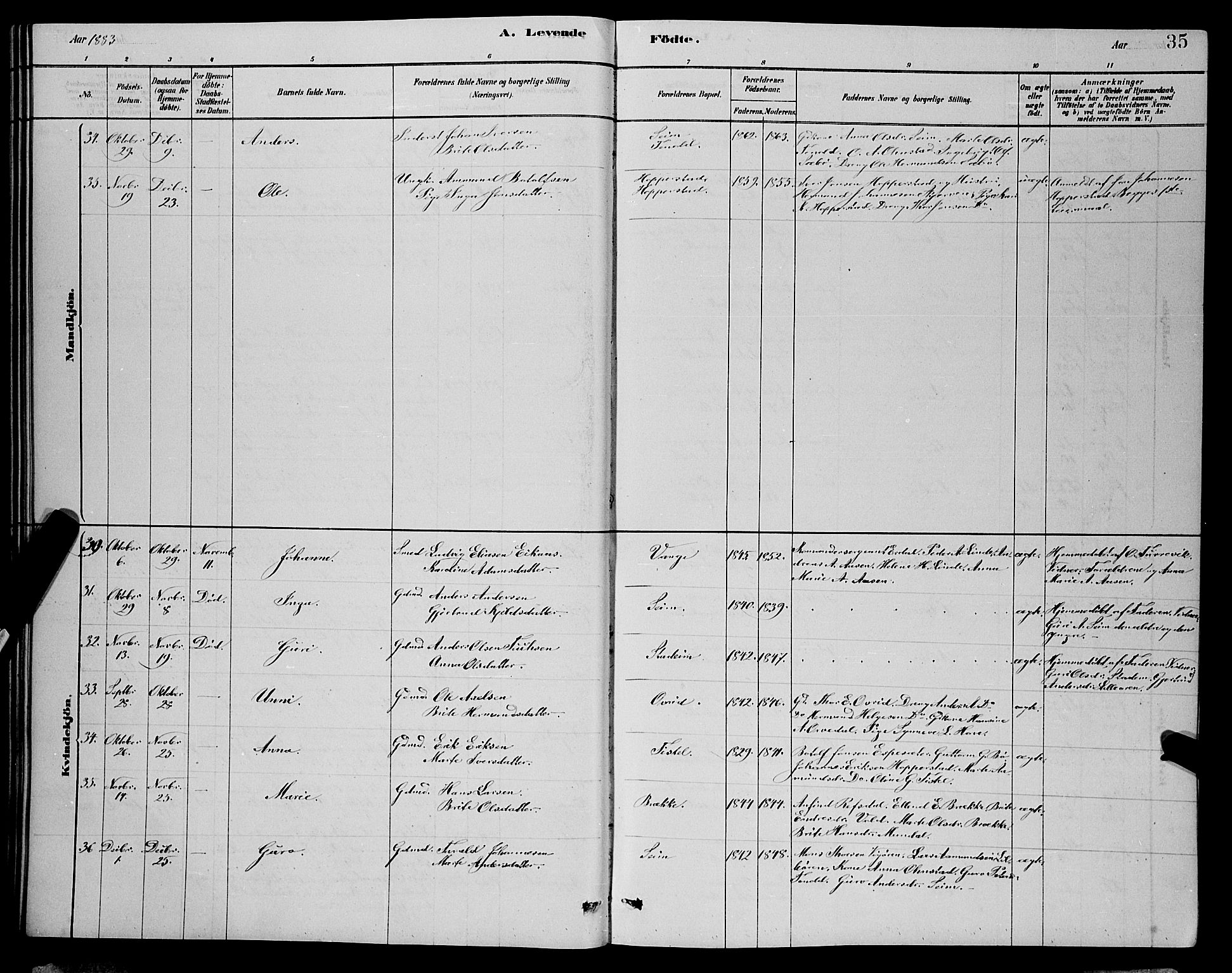 Vik sokneprestembete, AV/SAB-A-81501/H/Hab/Haba/L0003: Parish register (copy) no. A 3, 1878-1894, p. 35