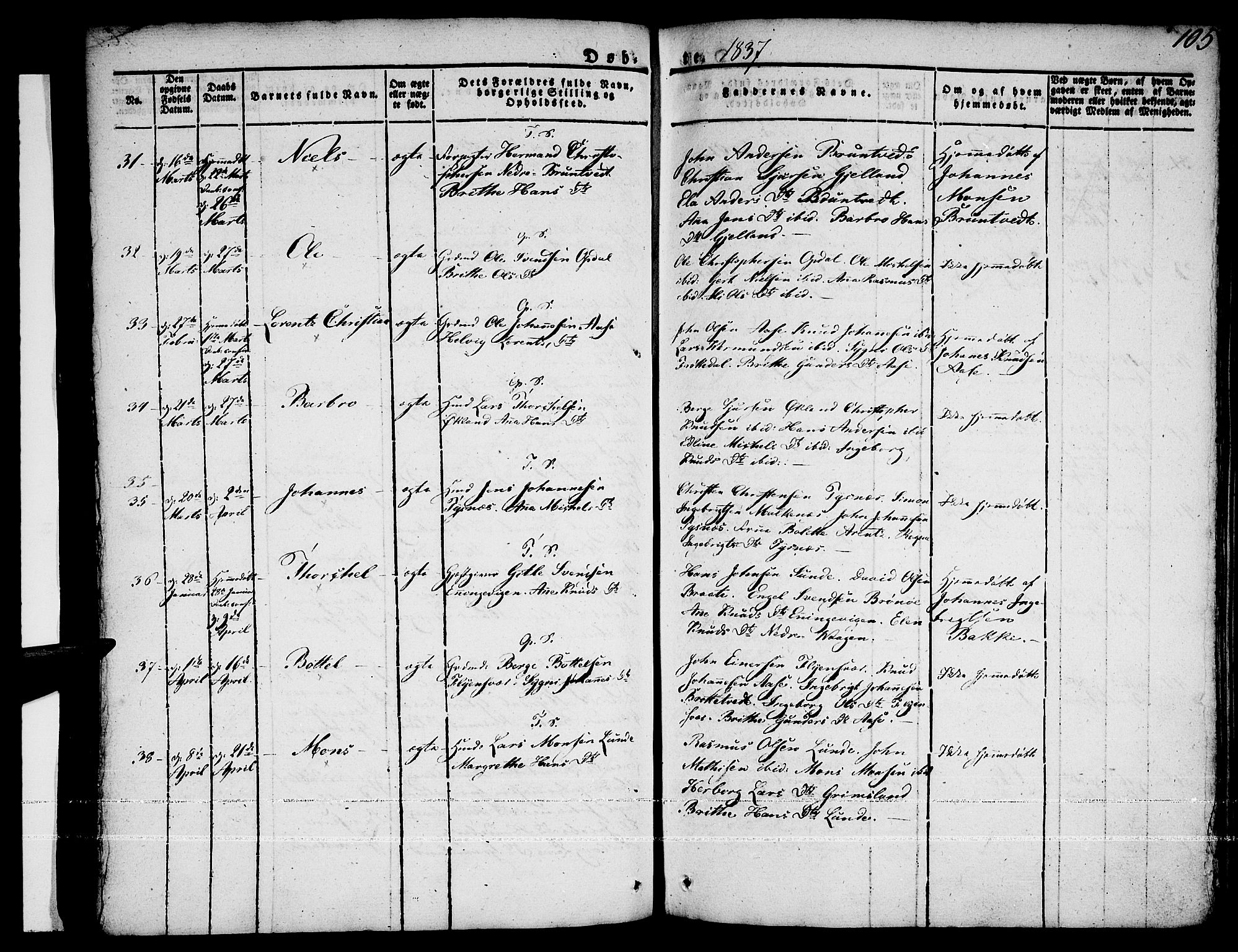 Tysnes sokneprestembete, AV/SAB-A-78601/H/Haa: Parish register (official) no. A 8, 1826-1837, p. 105