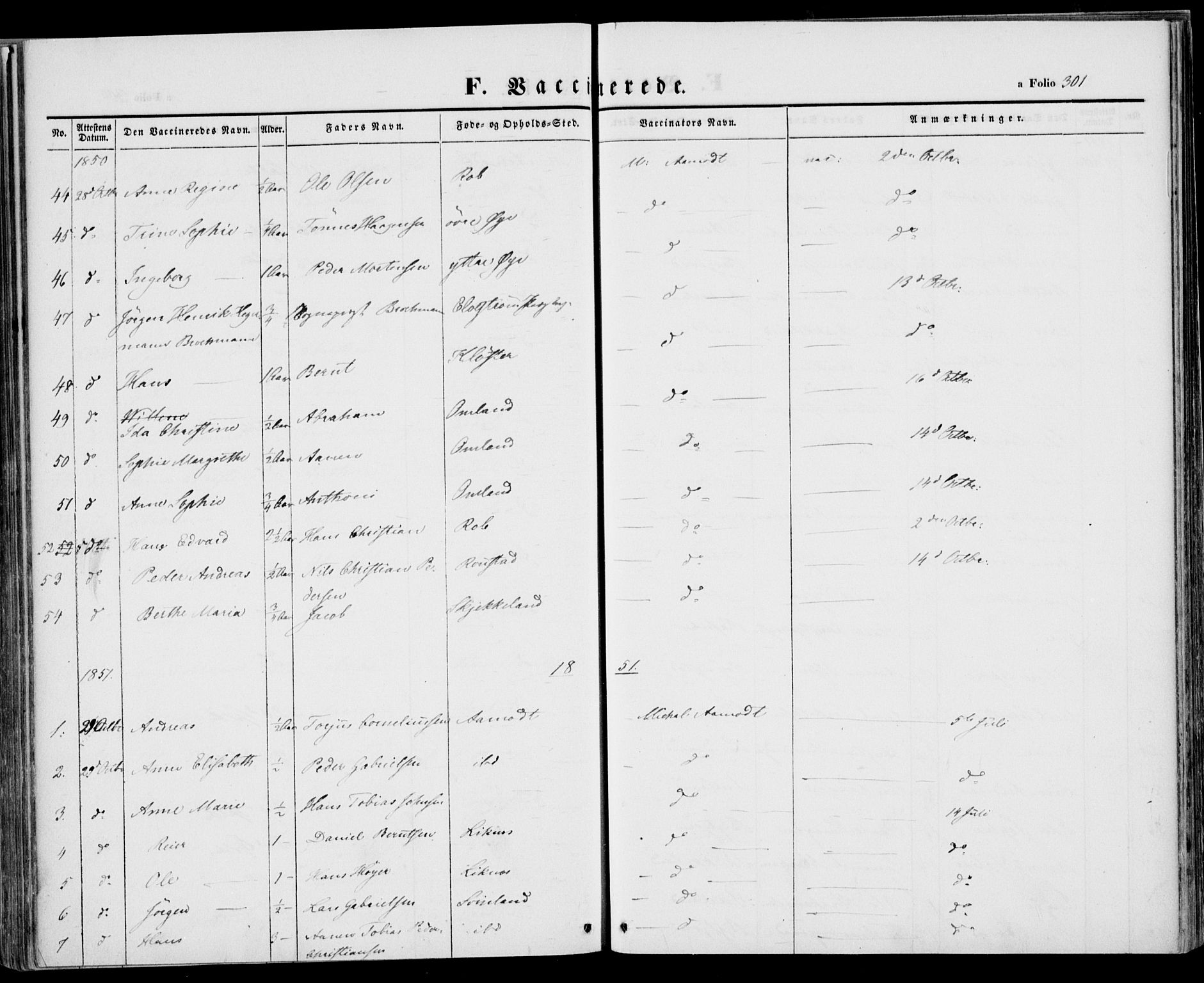 Kvinesdal sokneprestkontor, SAK/1111-0026/F/Fa/Fab/L0005: Parish register (official) no. A 5, 1844-1857, p. 301
