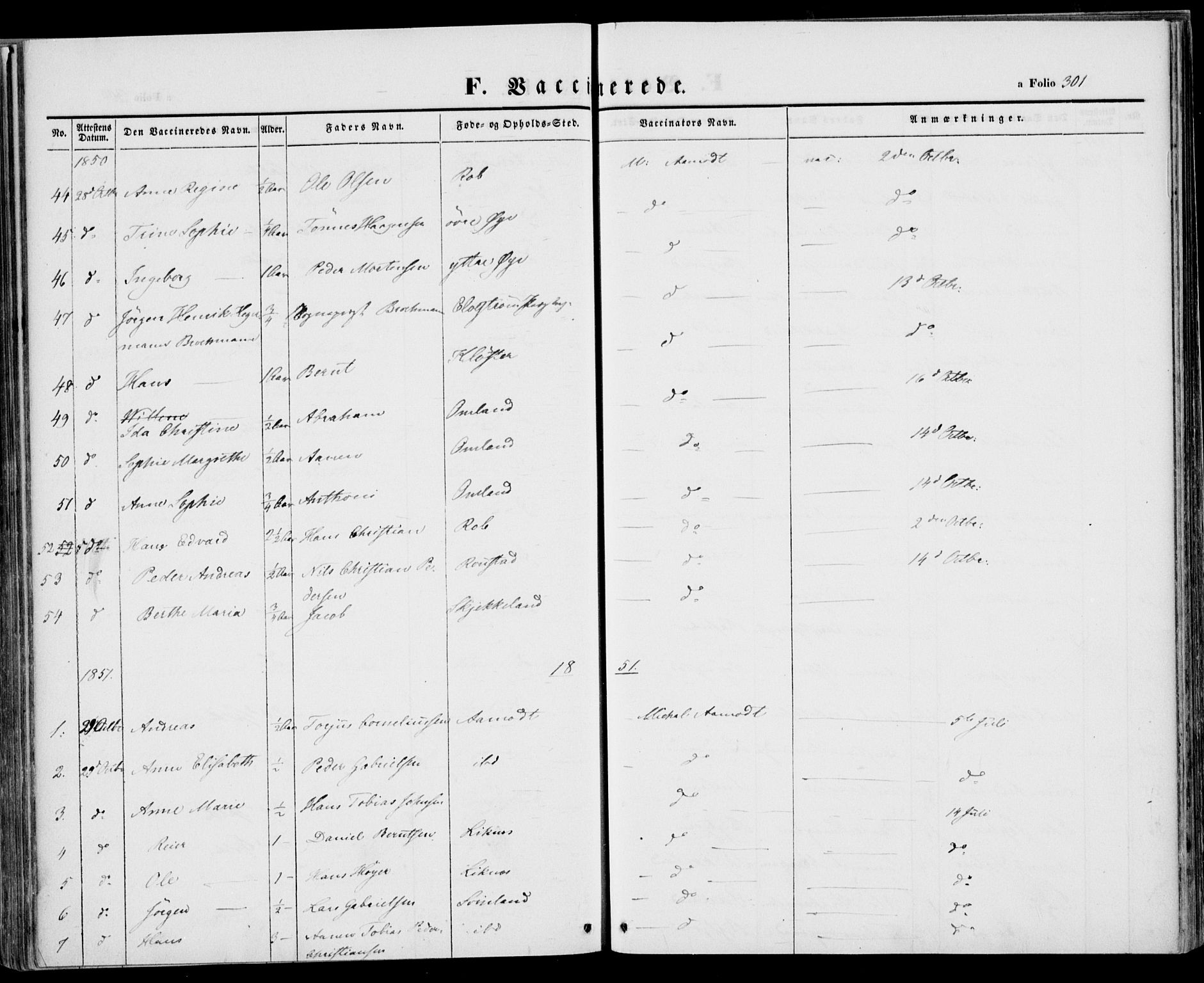 Kvinesdal sokneprestkontor, AV/SAK-1111-0026/F/Fa/Fab/L0005: Parish register (official) no. A 5, 1844-1857, p. 301