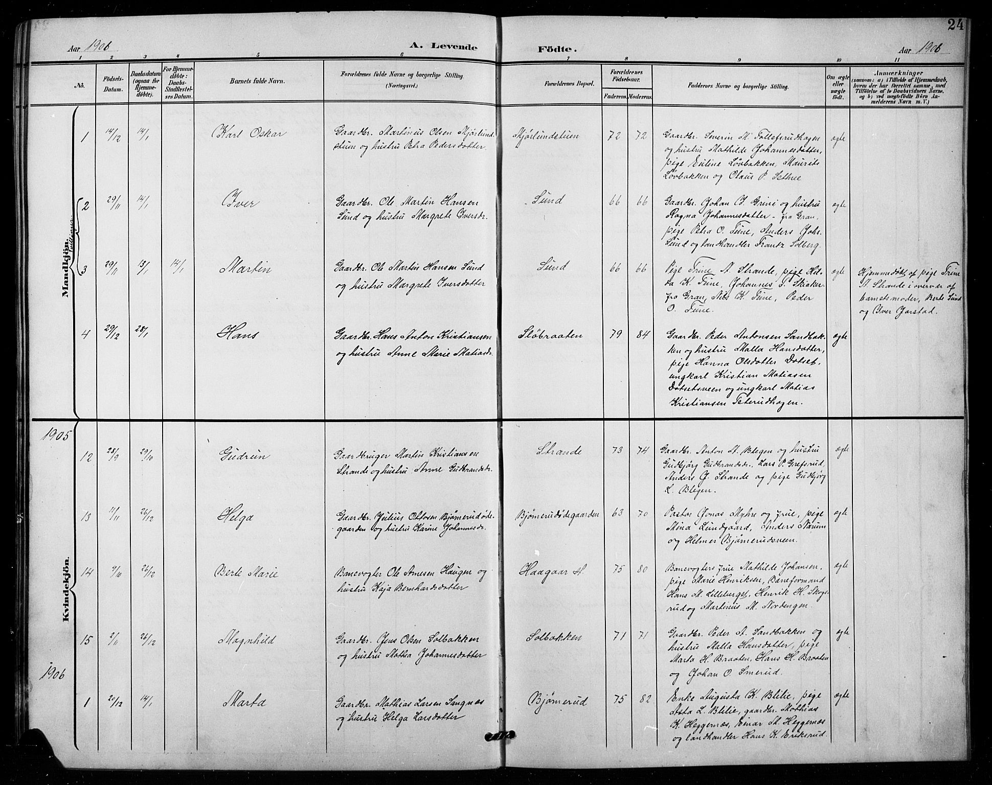 Vestre Toten prestekontor, AV/SAH-PREST-108/H/Ha/Hab/L0016: Parish register (copy) no. 16, 1901-1915, p. 24