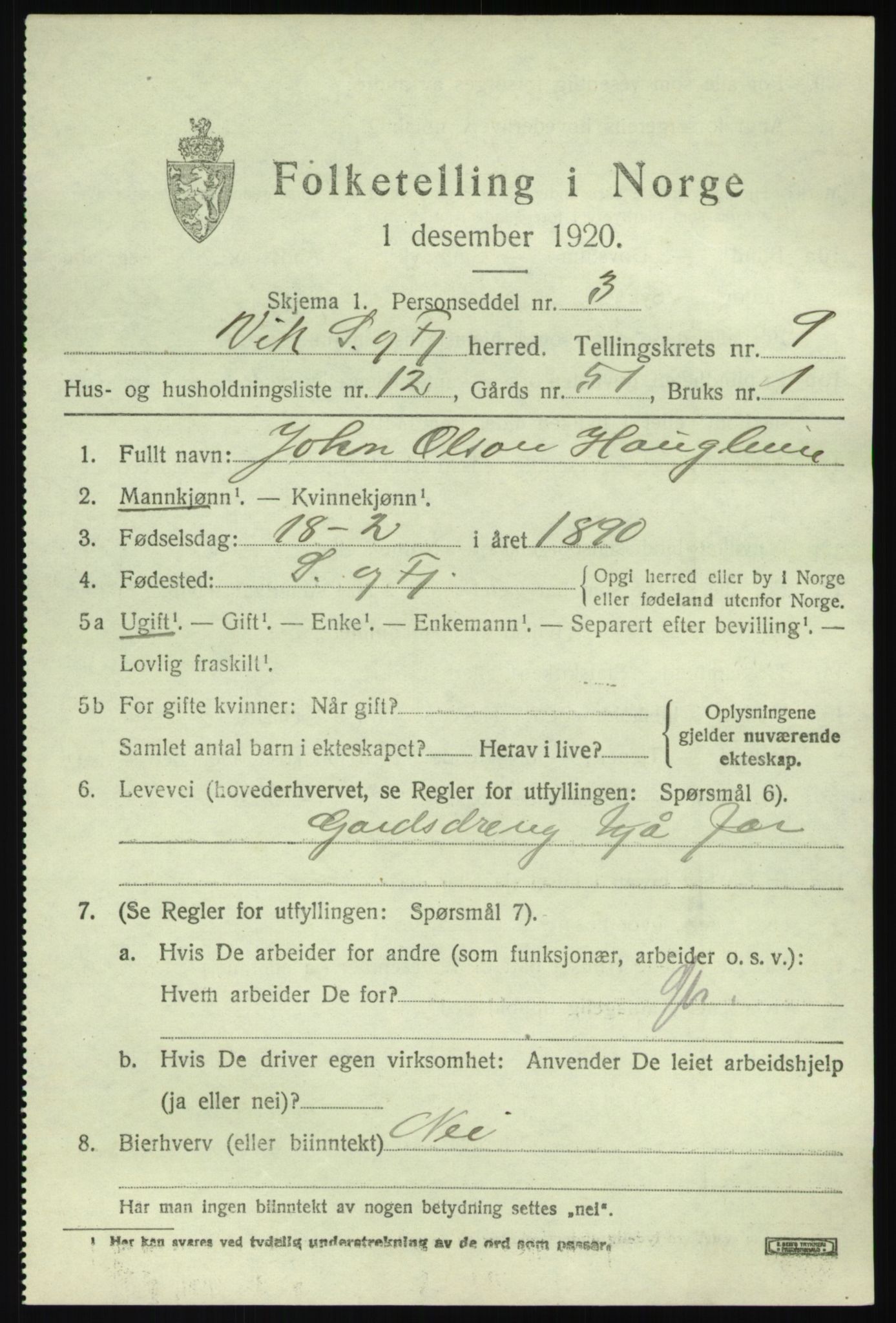 SAB, 1920 census for Vik, 1920, p. 5659