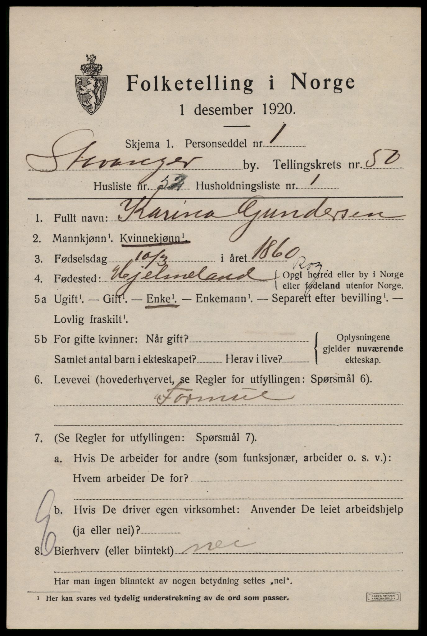 SAST, 1920 census for Stavanger, 1920, p. 120334