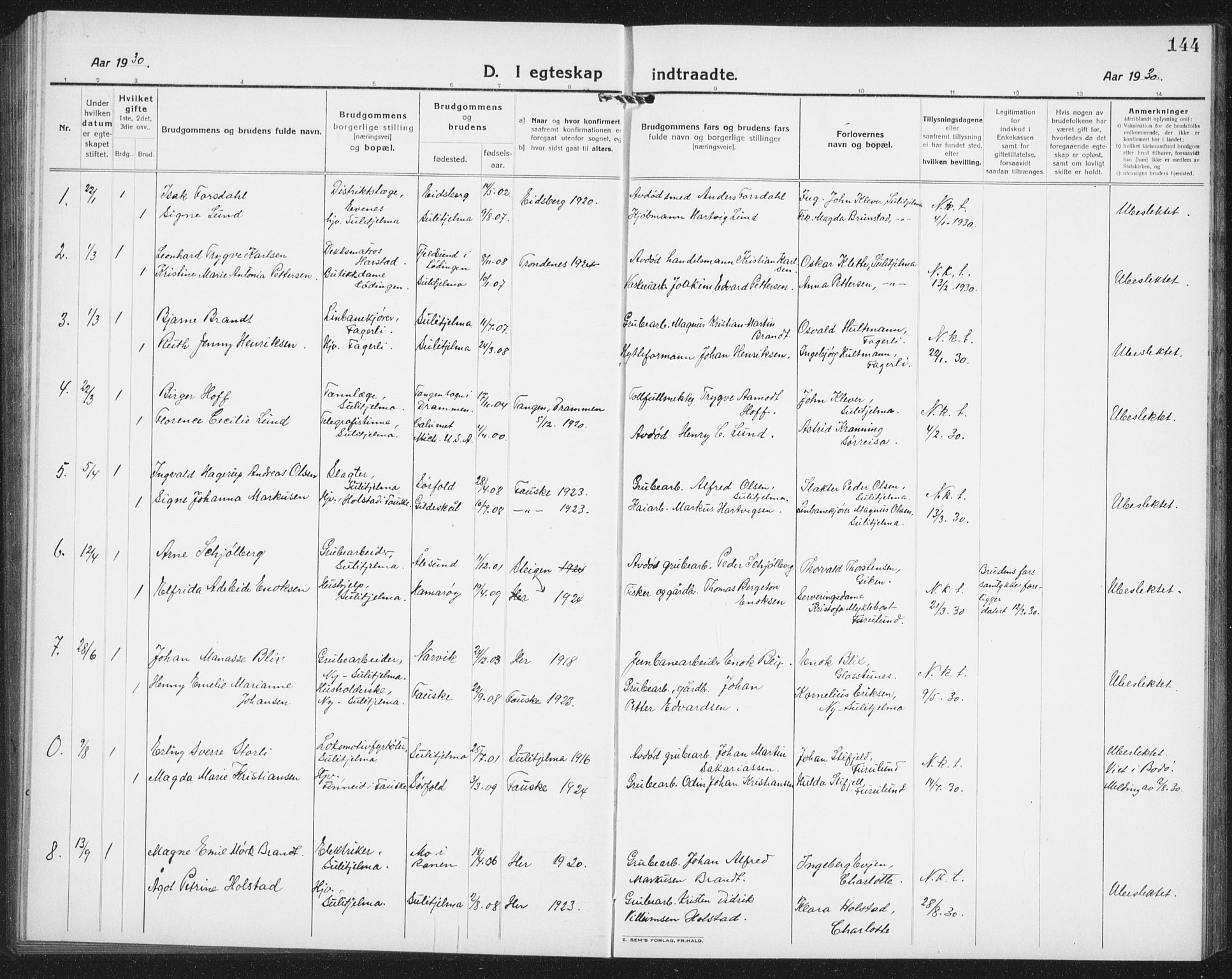 Ministerialprotokoller, klokkerbøker og fødselsregistre - Nordland, AV/SAT-A-1459/850/L0718: Parish register (copy) no. 850C02, 1921-1941, p. 144