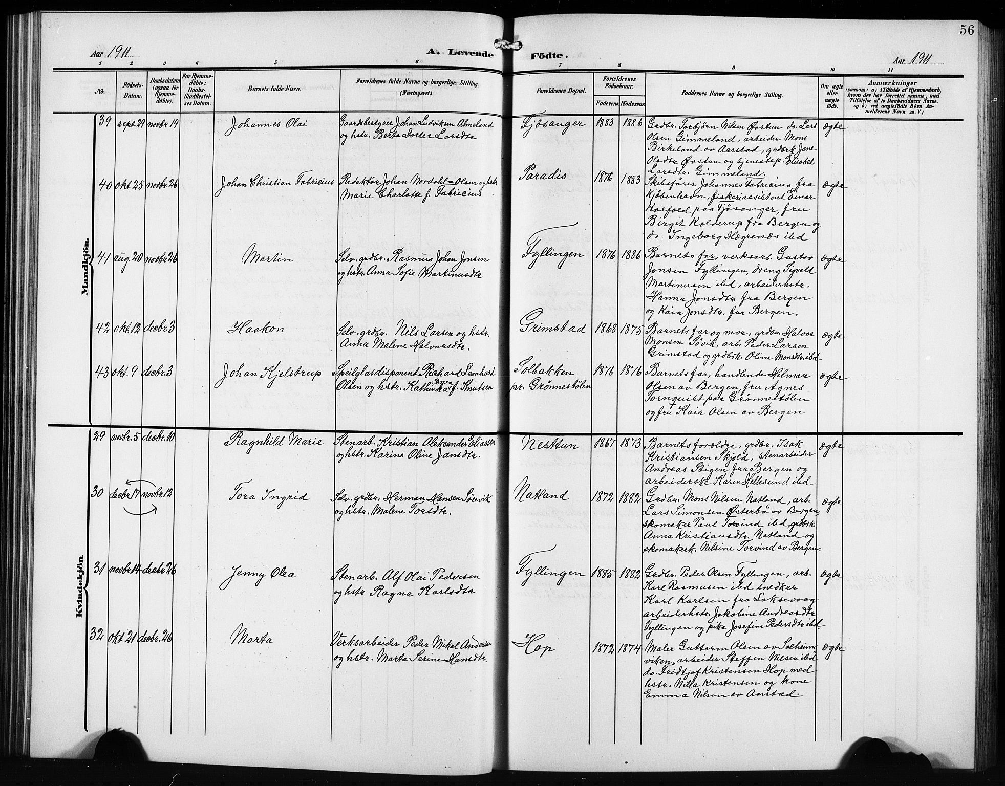 Birkeland Sokneprestembete, SAB/A-74601/H/Hab: Parish register (copy) no. A 6, 1906-1915, p. 56