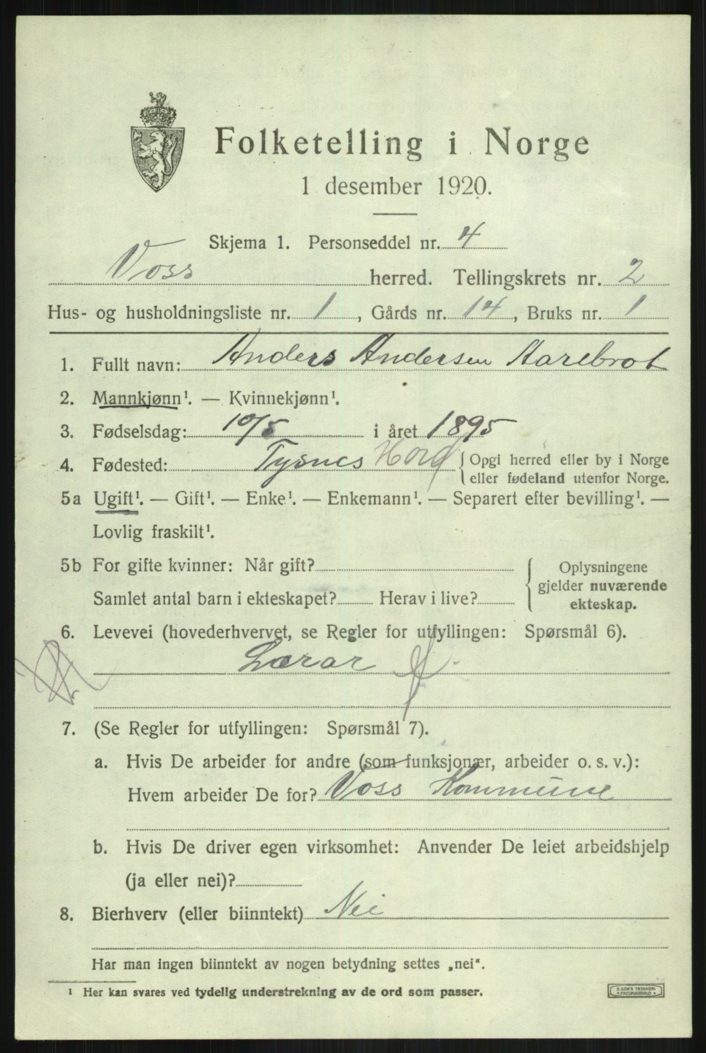 SAB, 1920 census for Voss, 1920, p. 3435