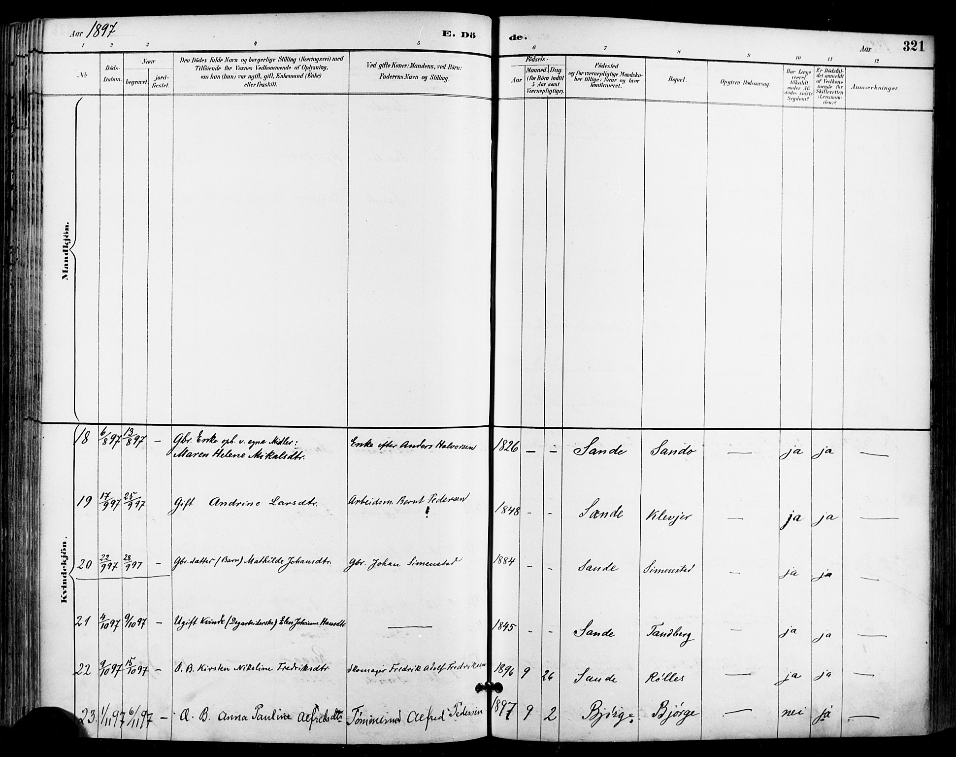 Sande Kirkebøker, AV/SAKO-A-53/F/Fa/L0007: Parish register (official) no. 7, 1888-1903, p. 321