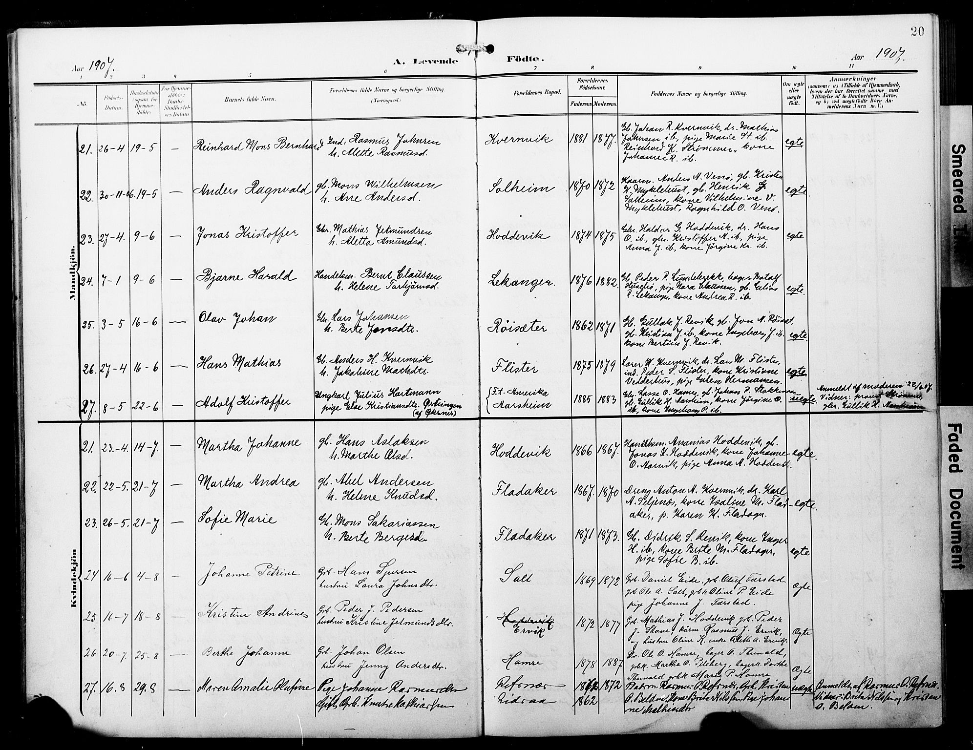 Selje sokneprestembete, AV/SAB-A-99938/H/Ha/Hab/Habb: Parish register (copy) no. B 1, 1905-1923, p. 20