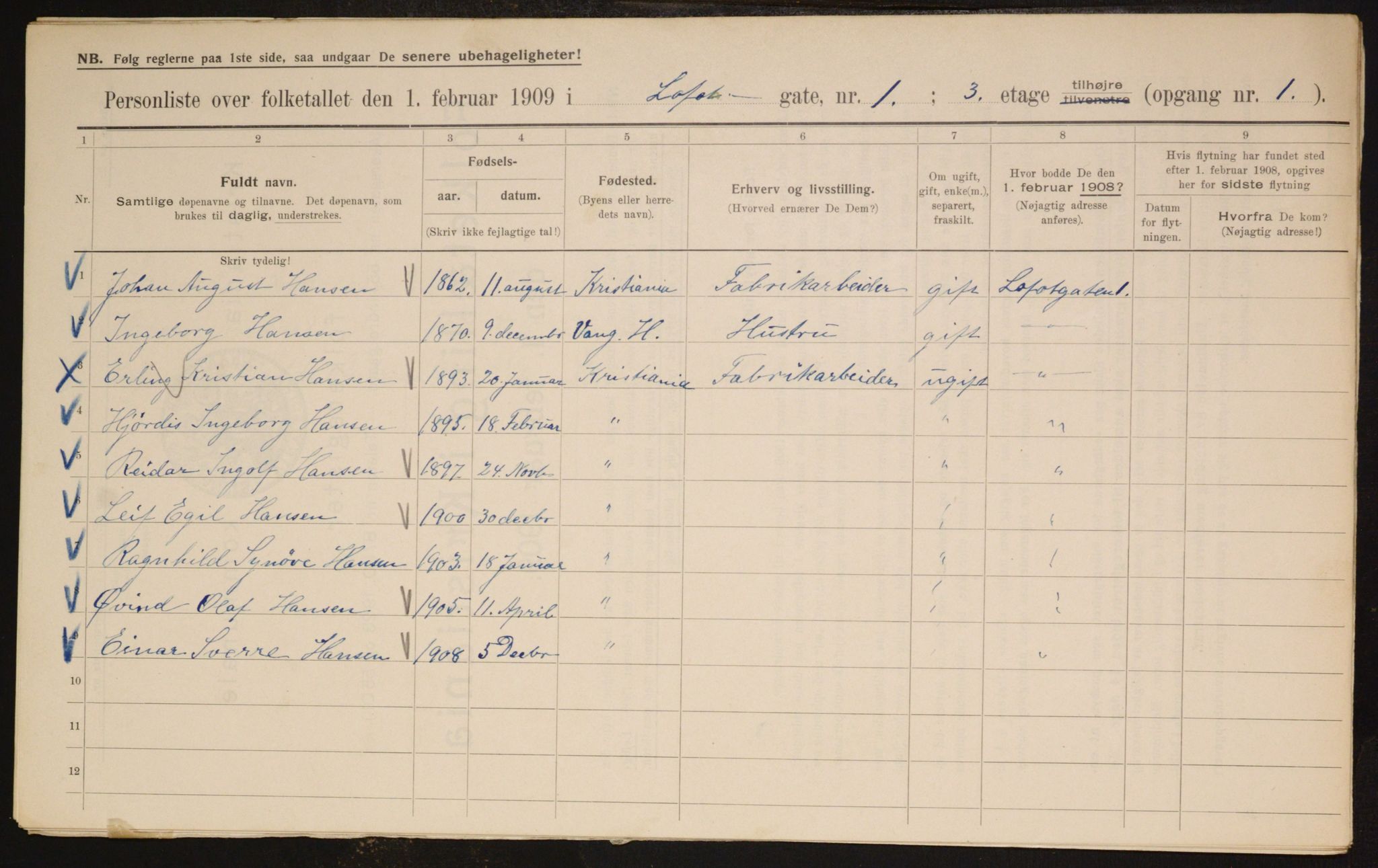 OBA, Municipal Census 1909 for Kristiania, 1909, p. 53077