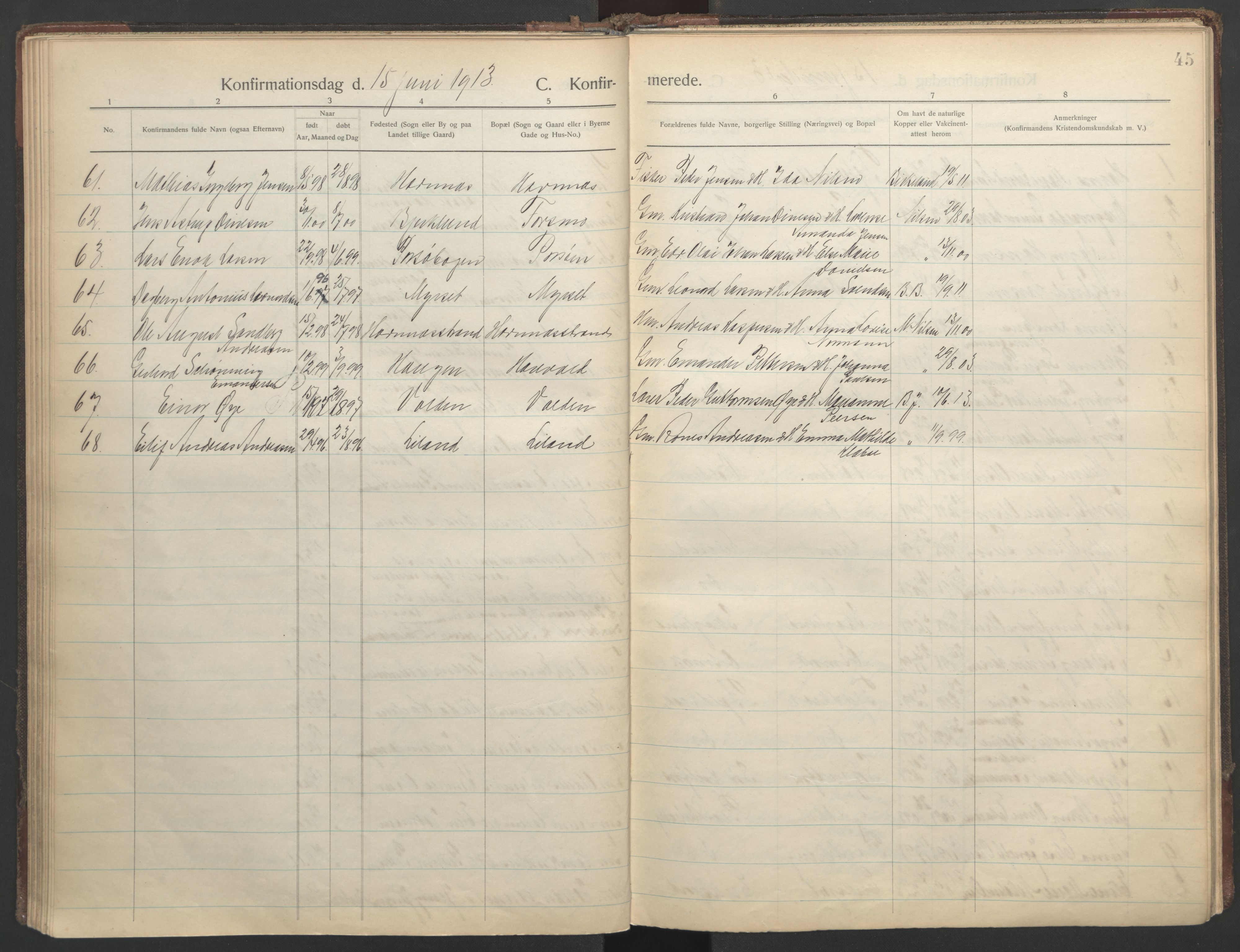 Ministerialprotokoller, klokkerbøker og fødselsregistre - Nordland, AV/SAT-A-1459/863/L0901: Parish register (official) no. 863A13, 1906-1934, p. 45