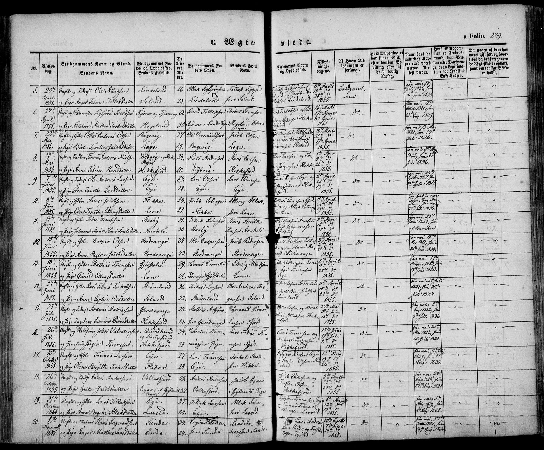 Flekkefjord sokneprestkontor, AV/SAK-1111-0012/F/Fa/Fac/L0005: Parish register (official) no. A 5, 1849-1875, p. 289