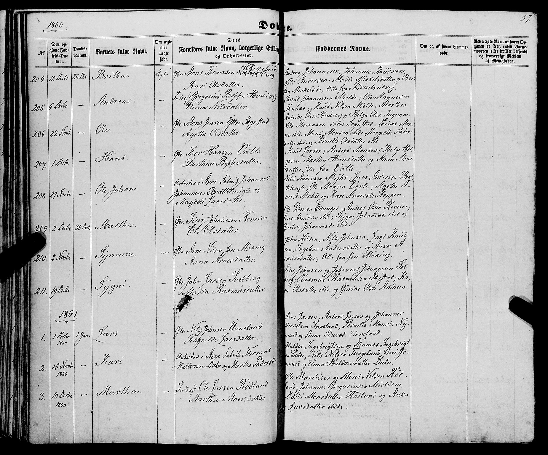 Haus sokneprestembete, AV/SAB-A-75601/H/Haa: Parish register (official) no. A 17, 1858-1870, p. 57