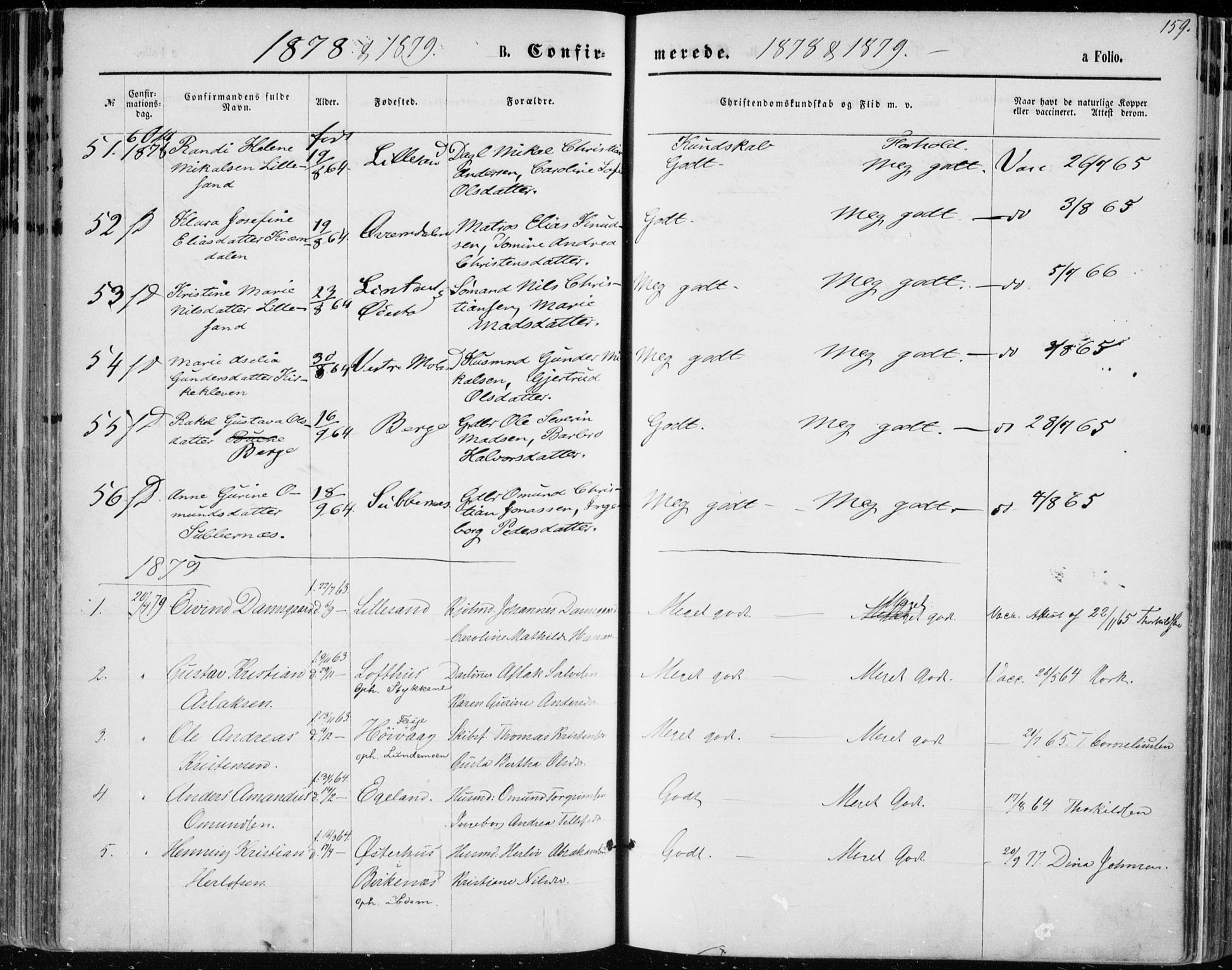 Vestre Moland sokneprestkontor, SAK/1111-0046/F/Fa/Fab/L0008: Parish register (official) no. A 8, 1873-1883, p. 159