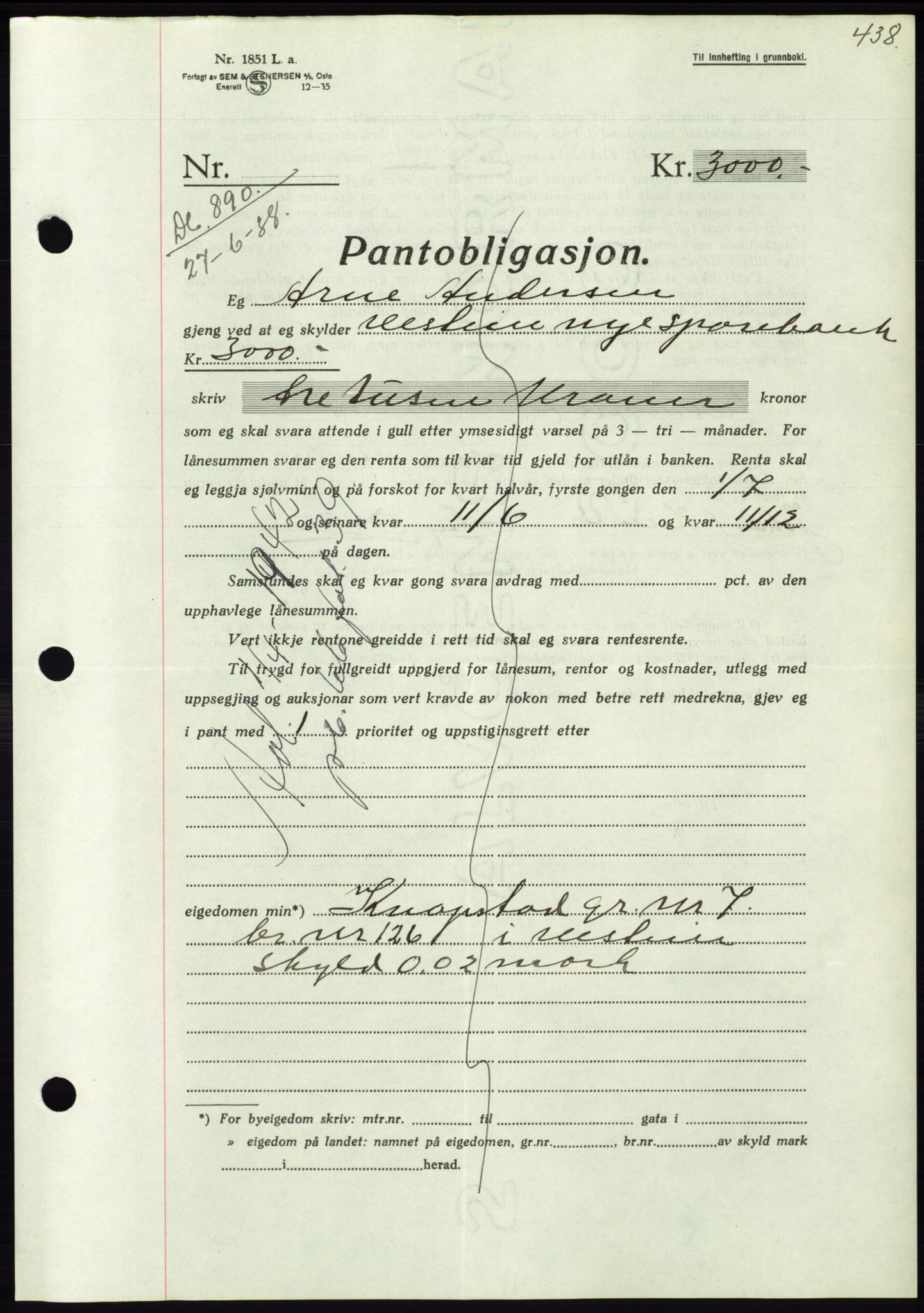 Søre Sunnmøre sorenskriveri, AV/SAT-A-4122/1/2/2C/L0065: Mortgage book no. 59, 1938-1938, Diary no: : 890/1938