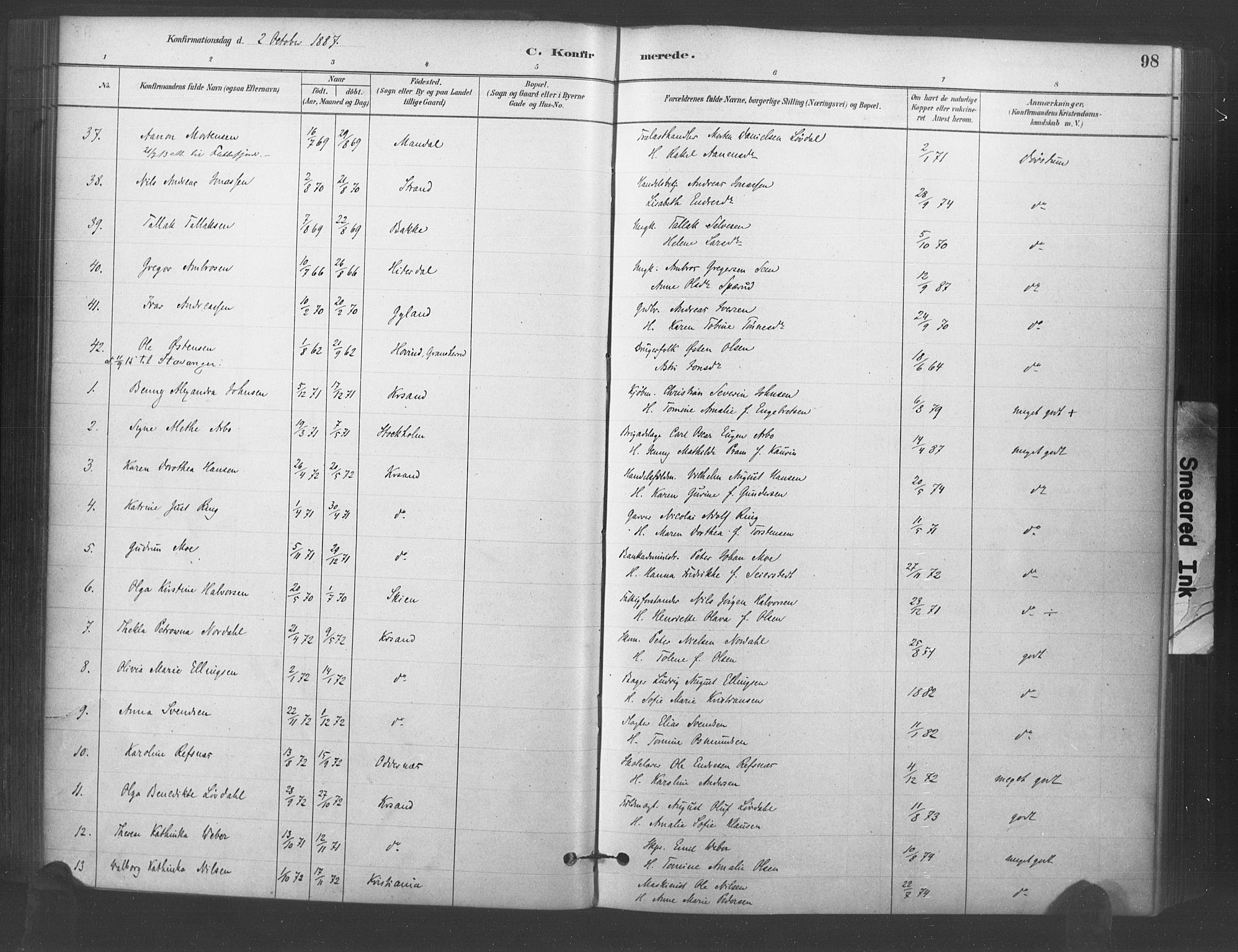 Kristiansand domprosti, SAK/1112-0006/F/Fa/L0018: Parish register (official) no. A 17, 1880-1892, p. 98